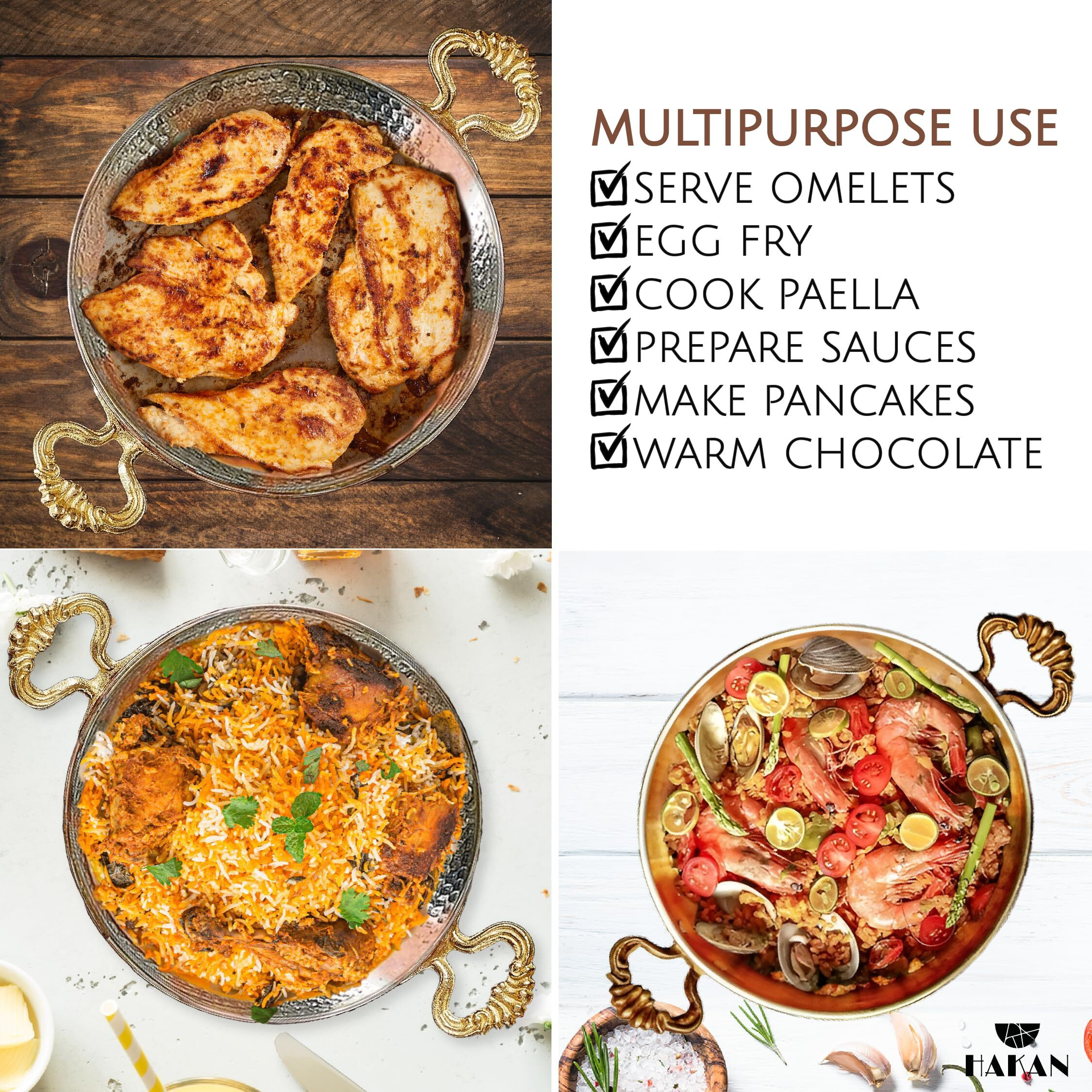 Hakan Copper Round Chef Pan | Traditional Ottoman Style Handmade Copper Frying Pan | Authentic Design Copper Cookware | Hand-Crafted Hammered Copper Sahan | Turkish Egg Omelet Skillet  9.4