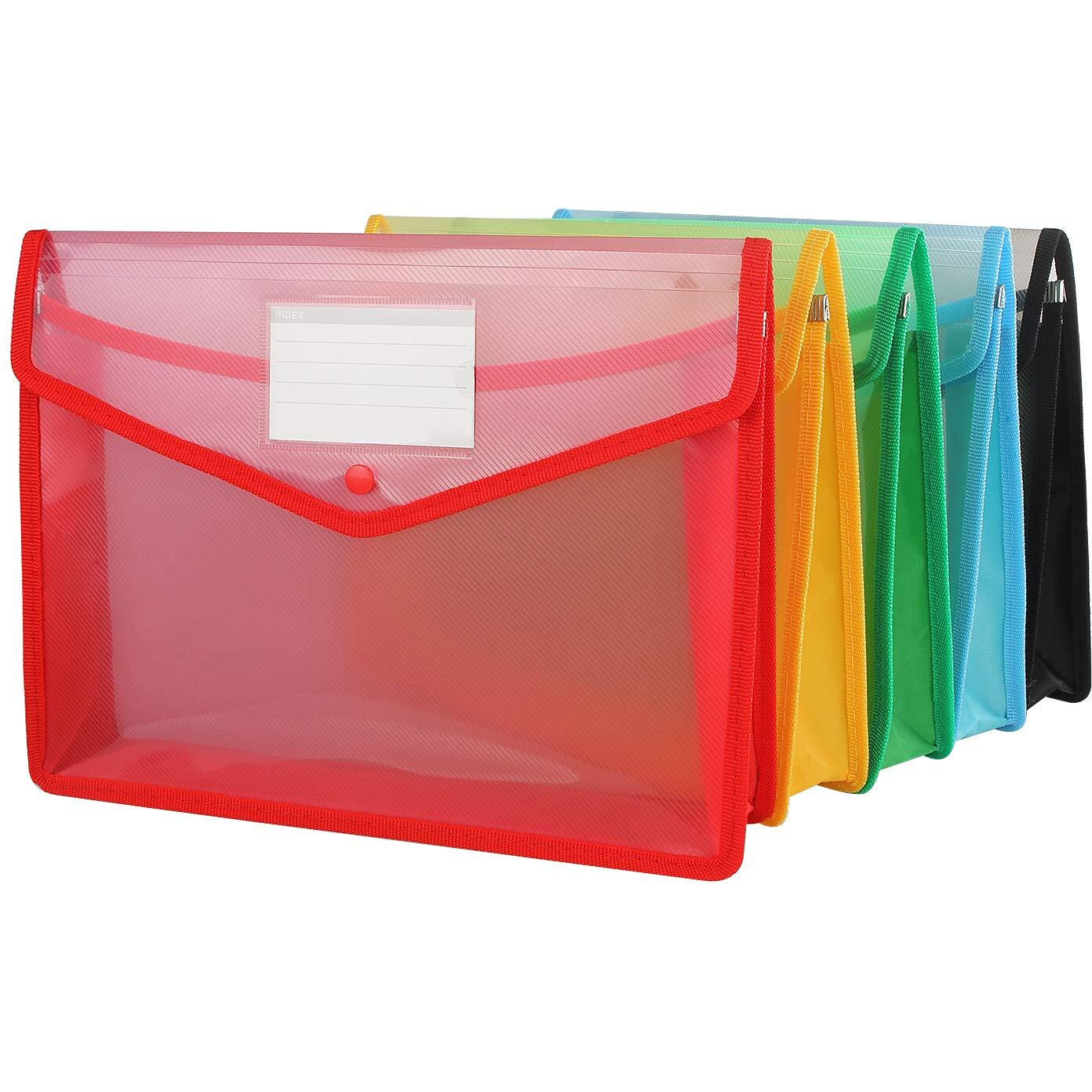 A4 Plastic Wallet Folder Envelope  Certbuy 5 Pack Waterproof Poly Envelope Plastic File Wallet Document Folder With Button Closure For School Office Home - Red Blue Yellow Green Black