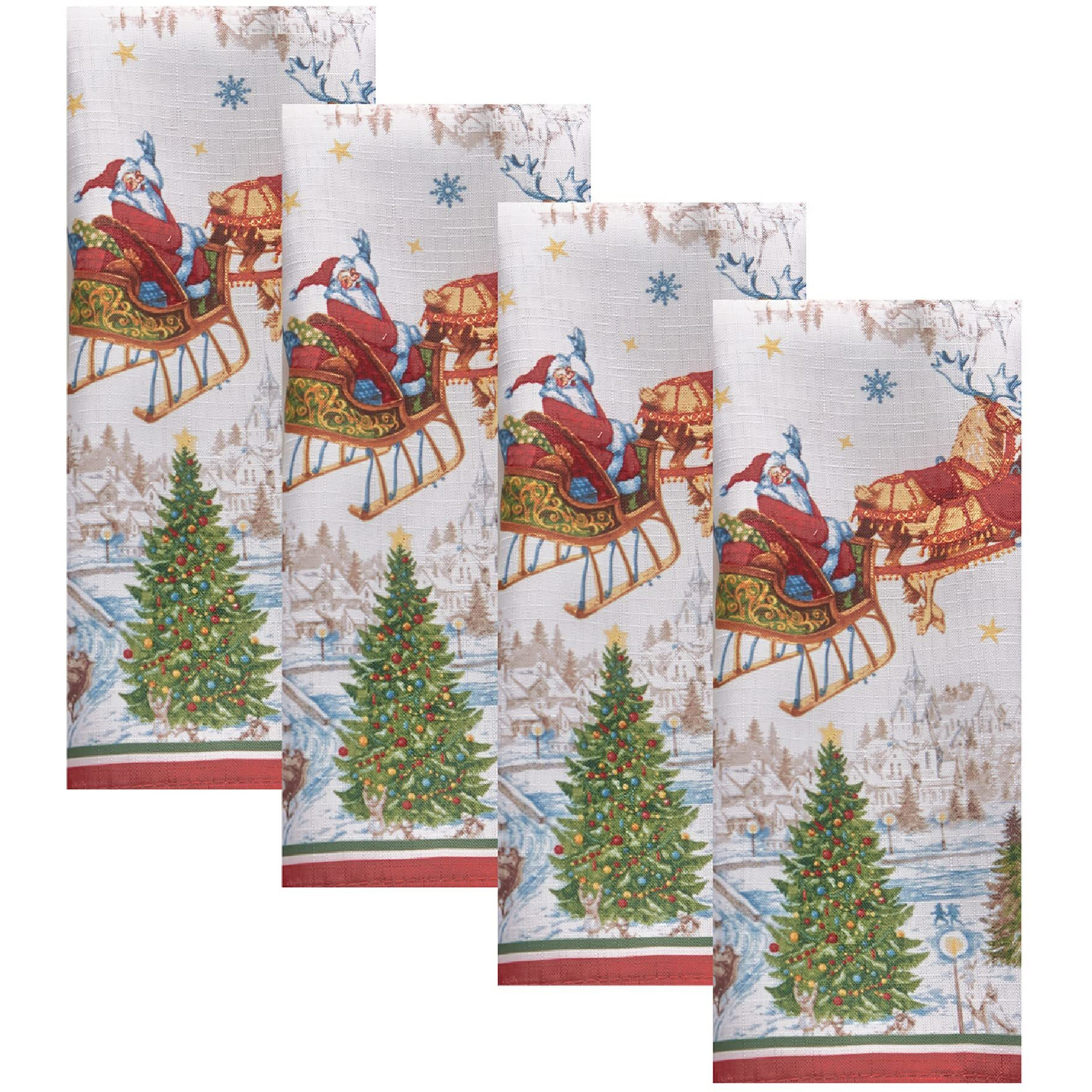 Elrene Home Fashions Santas Snowy Sleighride Cloth Christmas  17"&quotX17"" (Napkins)  Multi