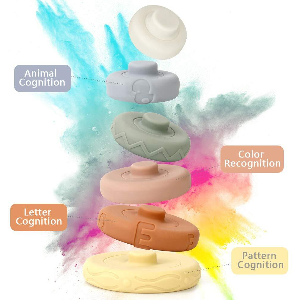 Bobxin Stacking & Nesting Rings Toy  Soft Circle Stacker  6 Pcs Building Stacker Teethers For Baby  Squeeze Play With Letter  Animal And Graphic  Toddler Learning Toys For 6 Month Old Boys Girls