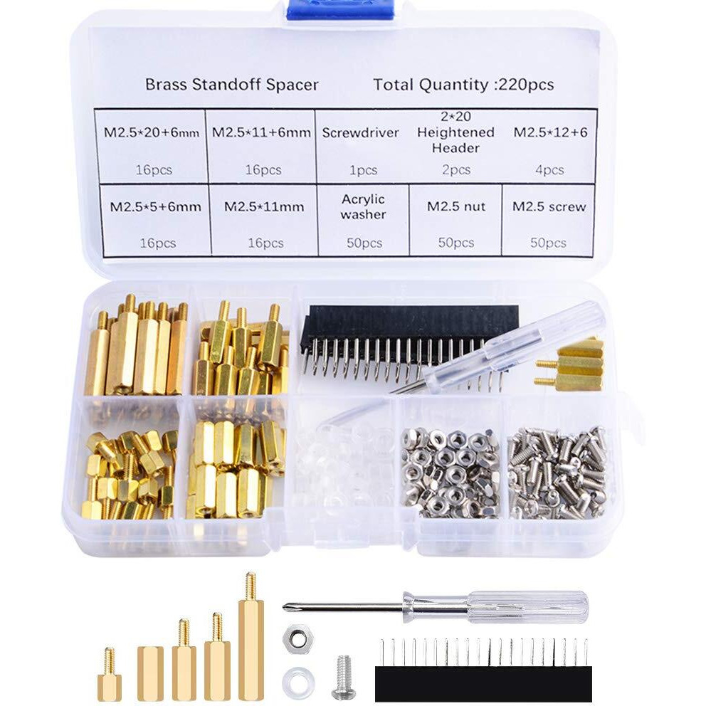 Geeekpi 220Pcs Standoffs M2.5 Brass Spacer Hex Column Screw Nut Assortment Kit With Box Male-Female For Raspberry Pi With Acrylic Washer Screwdriver