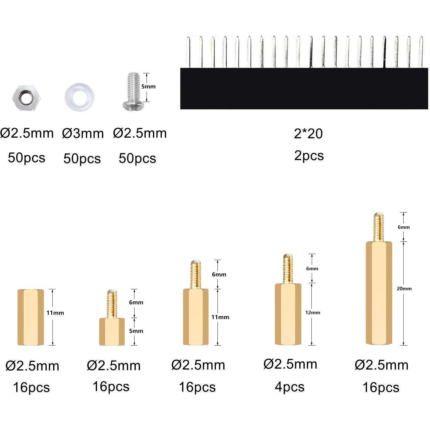 Geeekpi 220Pcs Standoffs M2.5 Brass Spacer Hex Column Screw Nut Assortment Kit With Box Male-Female For Raspberry Pi With Acrylic Washer Screwdriver