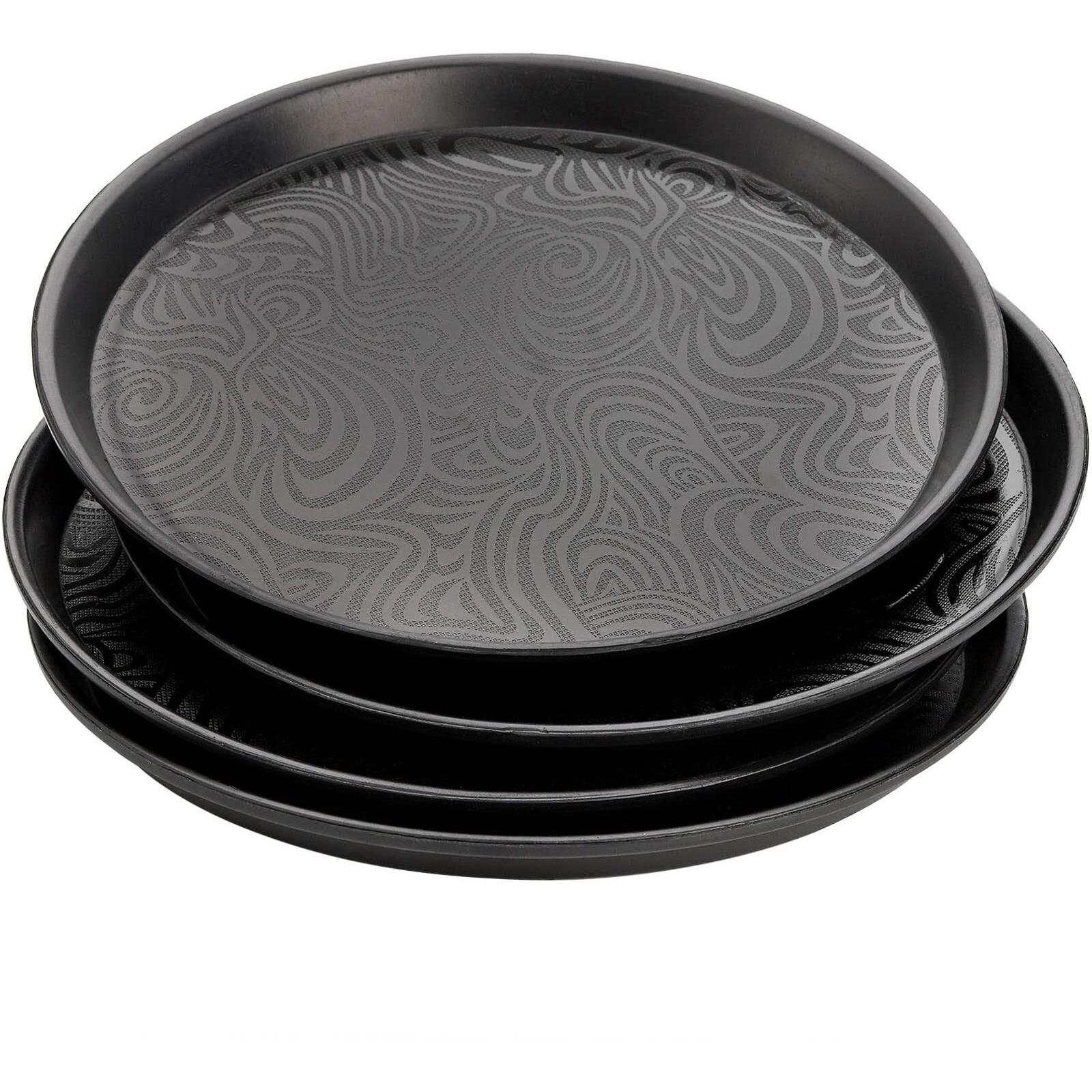 Hacaroa 4 Pack Round Restaurant Serving Trays  11.5 Inch Plastic Food Service Trays Non-Skid Food Platter For Cafeteria  Bar  Coffee Shop  Hotel  Tailed Lines  Black