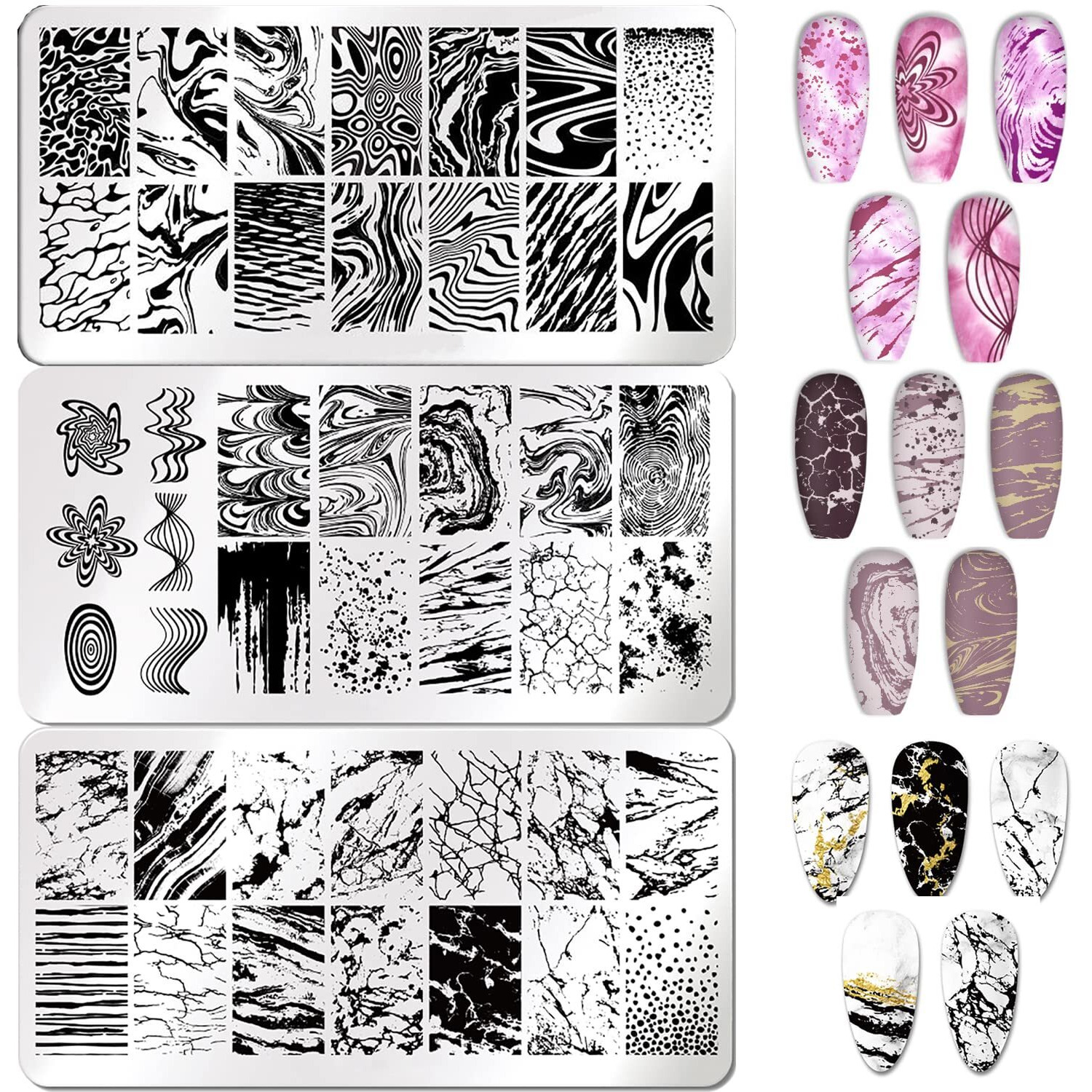 3 Pcs Nail Stamping Plates French Marble Striped Nail Art Stamping Template Marbling Stainless Steel Nail Design Stencil Tools