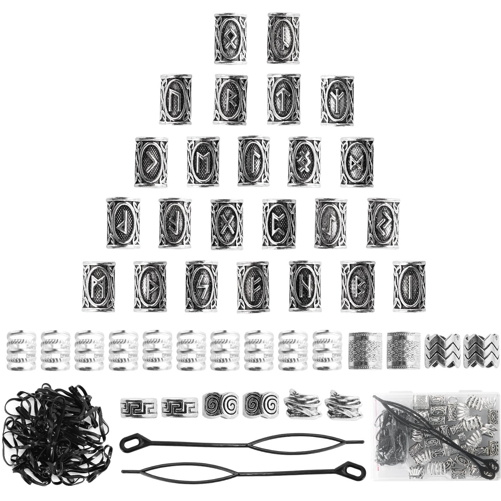 Viking Hair Beads Set (76Pcs) Metal Silver Clips  Cuffs  Coils And Rings For Men's Dreadlocks  Braids  Beard Decoration
