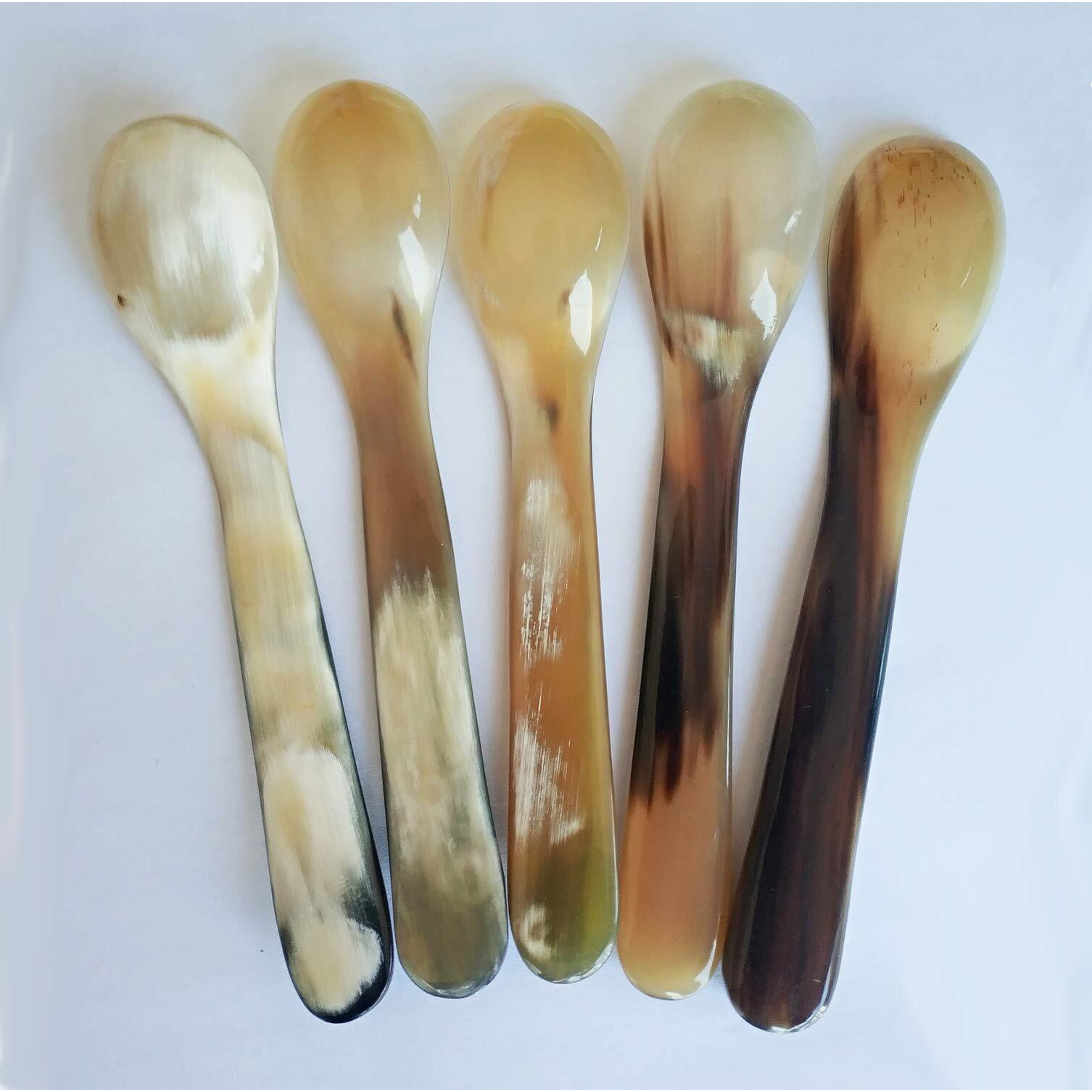 Duebel Set Of 5 Naturally Handcrafted Buffalo Horn Spoons  5.6"" X 1.1"" Dinner Ware Serving Spoon (Light Color)