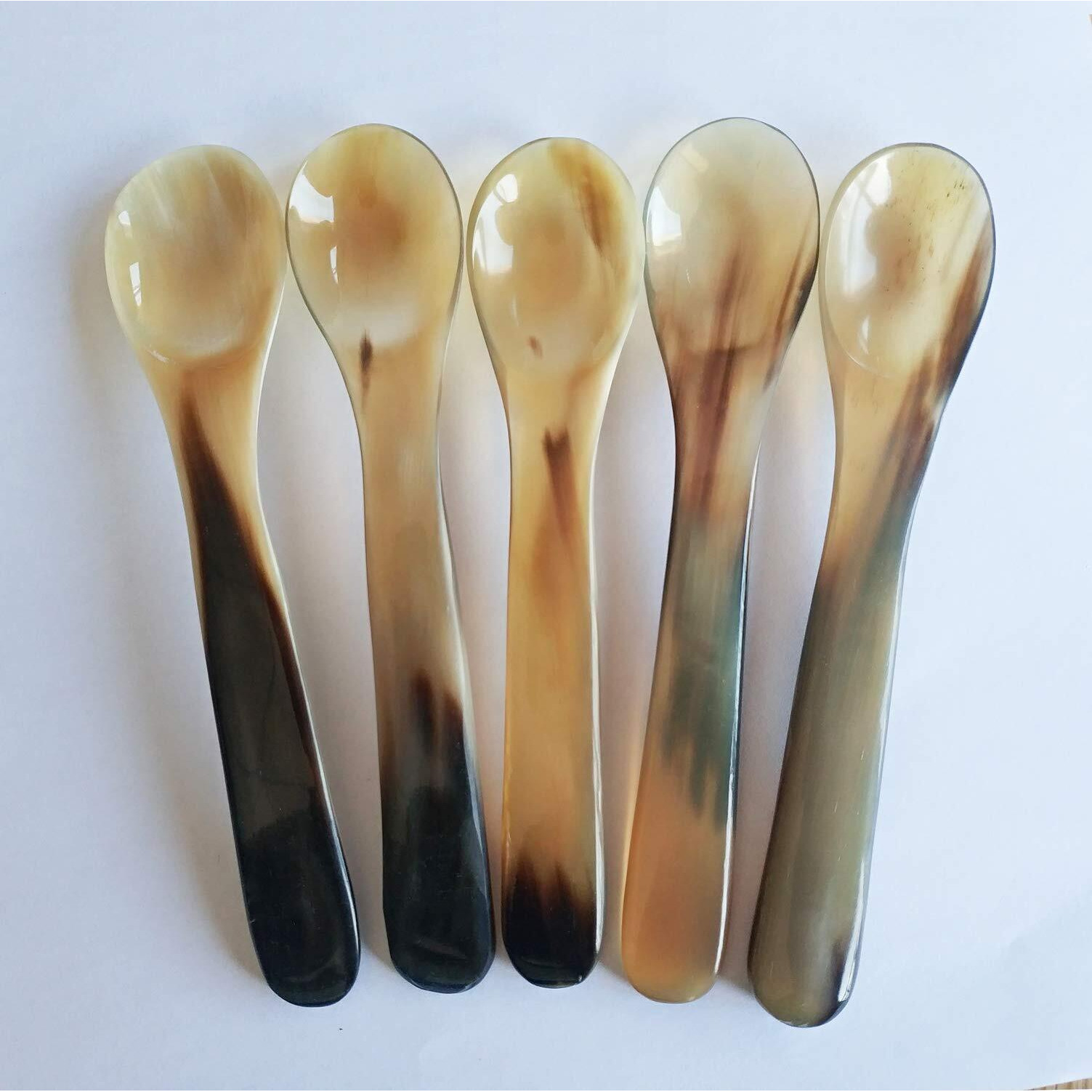 Duebel Set Of 5 Naturally Handcrafted Buffalo Horn Spoons  5.6"" X 1.1"" Dinner Ware Serving Spoon (Light Color)