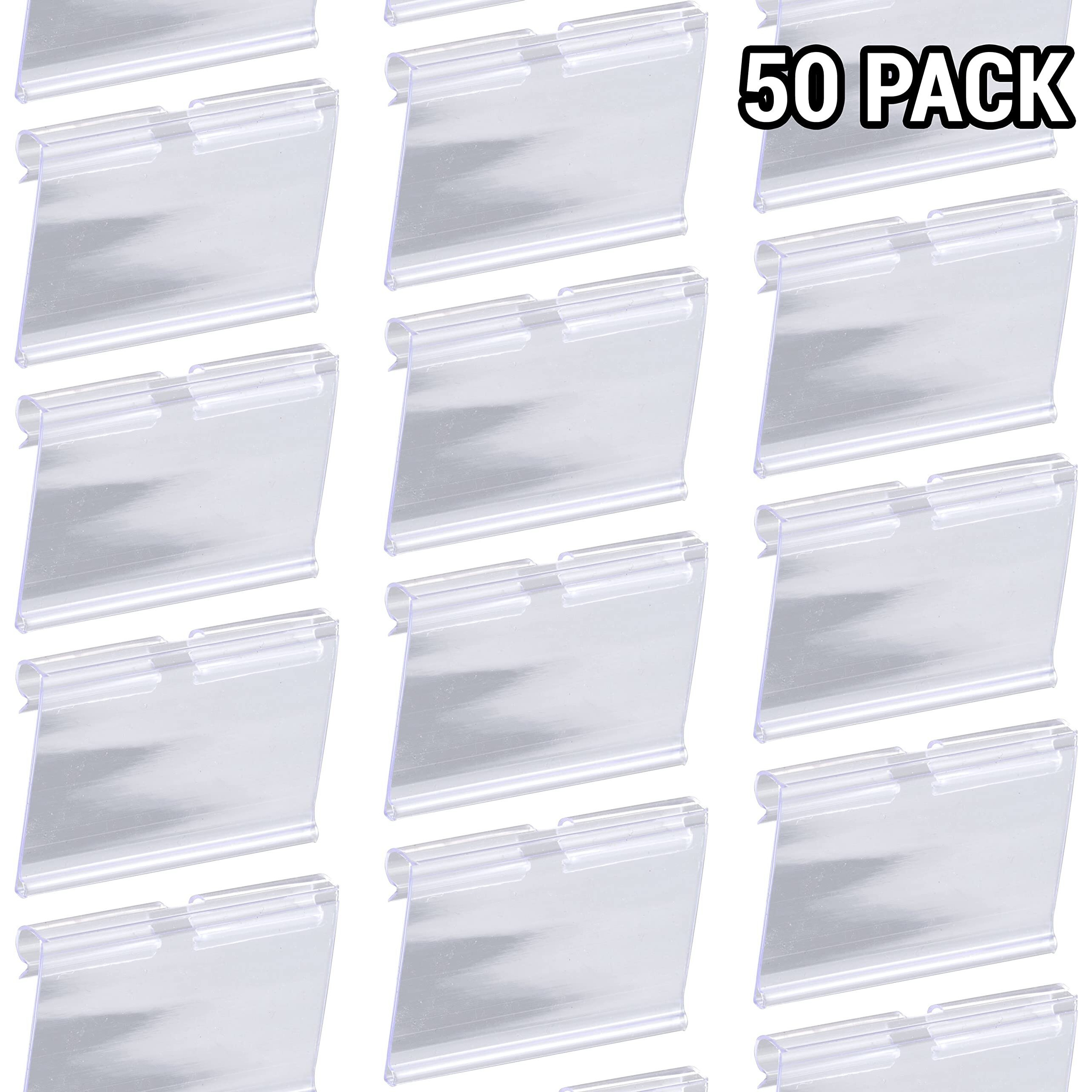 50 Pack Plastic Label Holders Clear Wire Shelf Label Holder Retail Price Card Clip On Merchandise Sign Display Tag Clips For Retail Shop Pantry Store Supermarket Wire Shelf Storage Basket Bin 6X4.2Cm