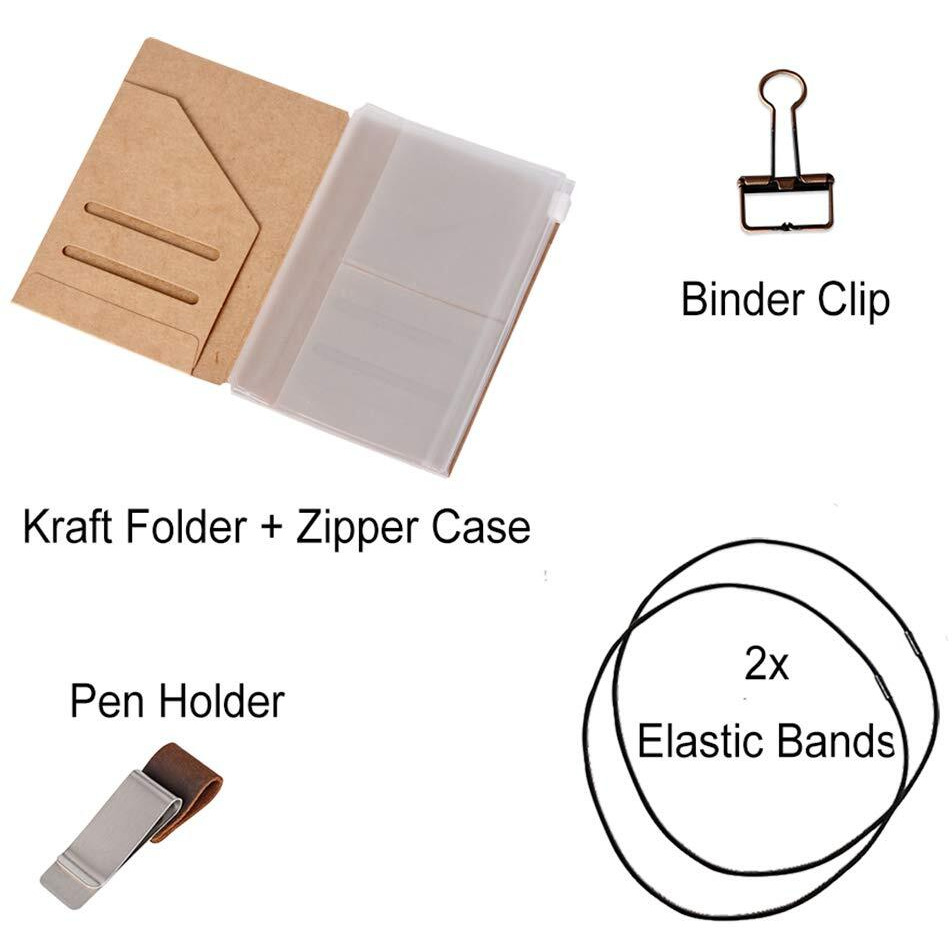 Passport Size Travelers Notebook Accessories Kit - Kraft File Folder  Zipper Case  Pen Holder  Binder Clip And 2 Elastic Bands