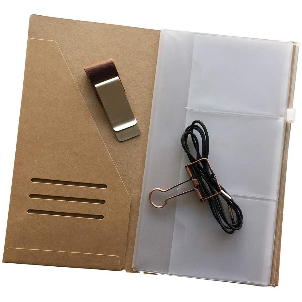 Passport Size Travelers Notebook Accessories Kit - Kraft File Folder  Zipper Case  Pen Holder  Binder Clip And 2 Elastic Bands
