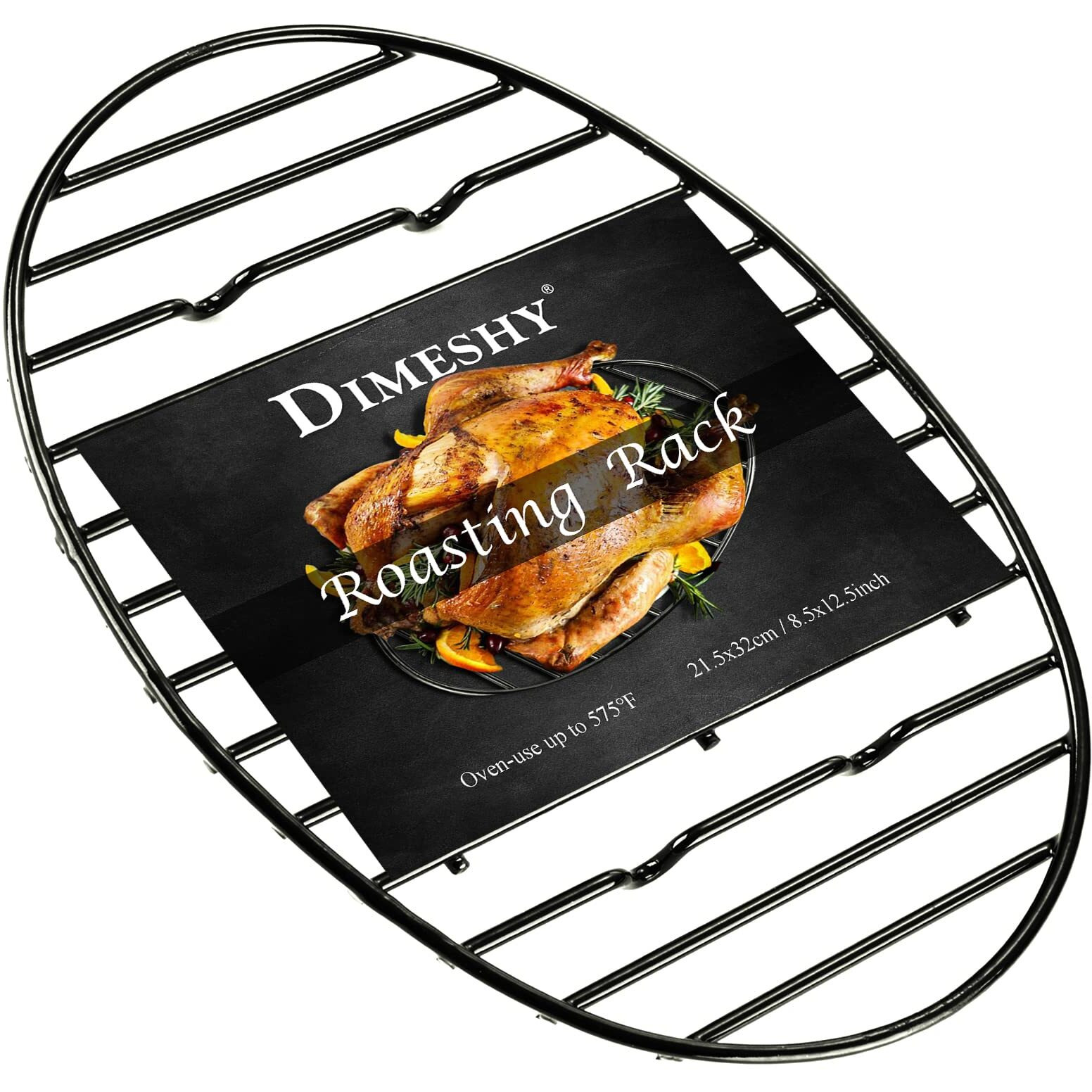 Dimeshy Roasting Rack  Black With Integrated Feet  Enamel Finished  Nonstick  Fit For 15 Inches Oval Roasting Pan  Safety  Dishwasher  Great For Basting  Cooking  Drying  Cooling Rack. (12.5 X 8.5 )