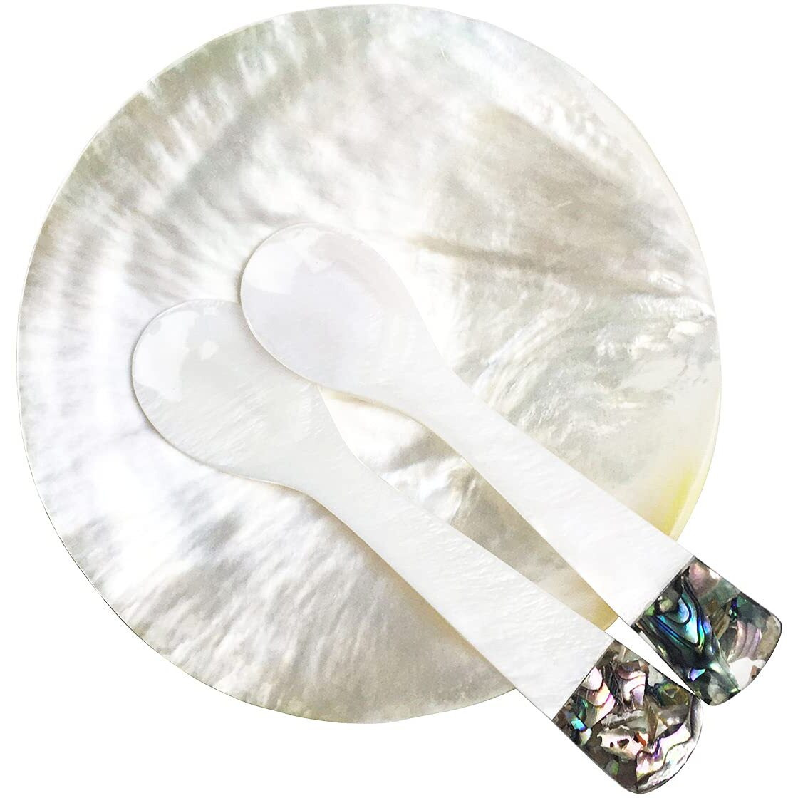 Duebel Mop Caviar Server Set  Plate Plus Set Of 2 Mother Of Pearl Caviar Spoons With Green Abalone 3.5  Decoration For Caviar  Appetizer  Dessert  Egg  Icecream
