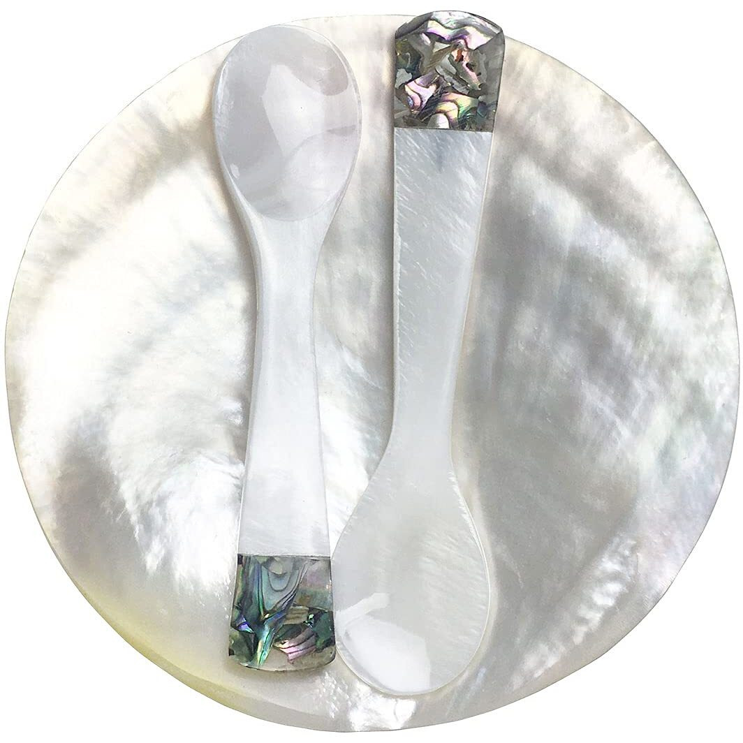 Duebel Mop Caviar Server Set  Plate Plus Set Of 2 Mother Of Pearl Caviar Spoons With Green Abalone 3.5  Decoration For Caviar  Appetizer  Dessert  Egg  Icecream