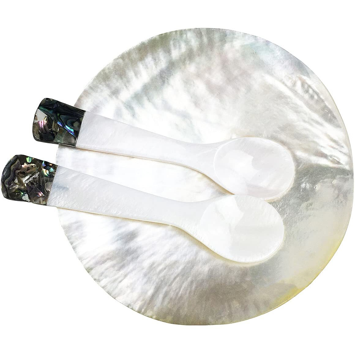 Duebel Mop Caviar Server Set  Plate Plus Set Of 2 Mother Of Pearl Caviar Spoons With Green Abalone 3.5  Decoration For Caviar  Appetizer  Dessert  Egg  Icecream