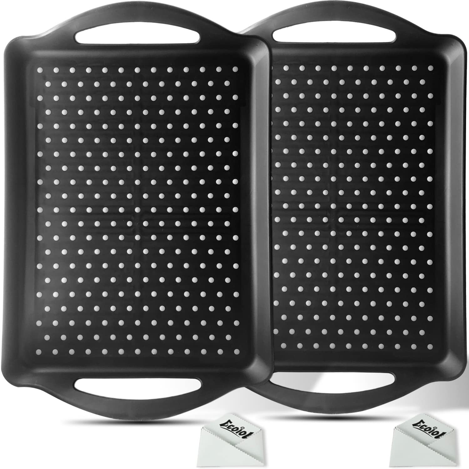 Ecoiou Non Slip Food Serving Tray With Handles  2-Pack Rectangle Anti-Slip Non-Toxic Dishwasher Safe Tray For Snack Fruit Dessert Breakfast Drink (Black)