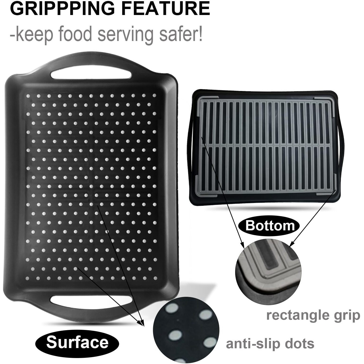 Ecoiou Non Slip Food Serving Tray With Handles  2-Pack Rectangle Anti-Slip Non-Toxic Dishwasher Safe Tray For Snack Fruit Dessert Breakfast Drink (Black)