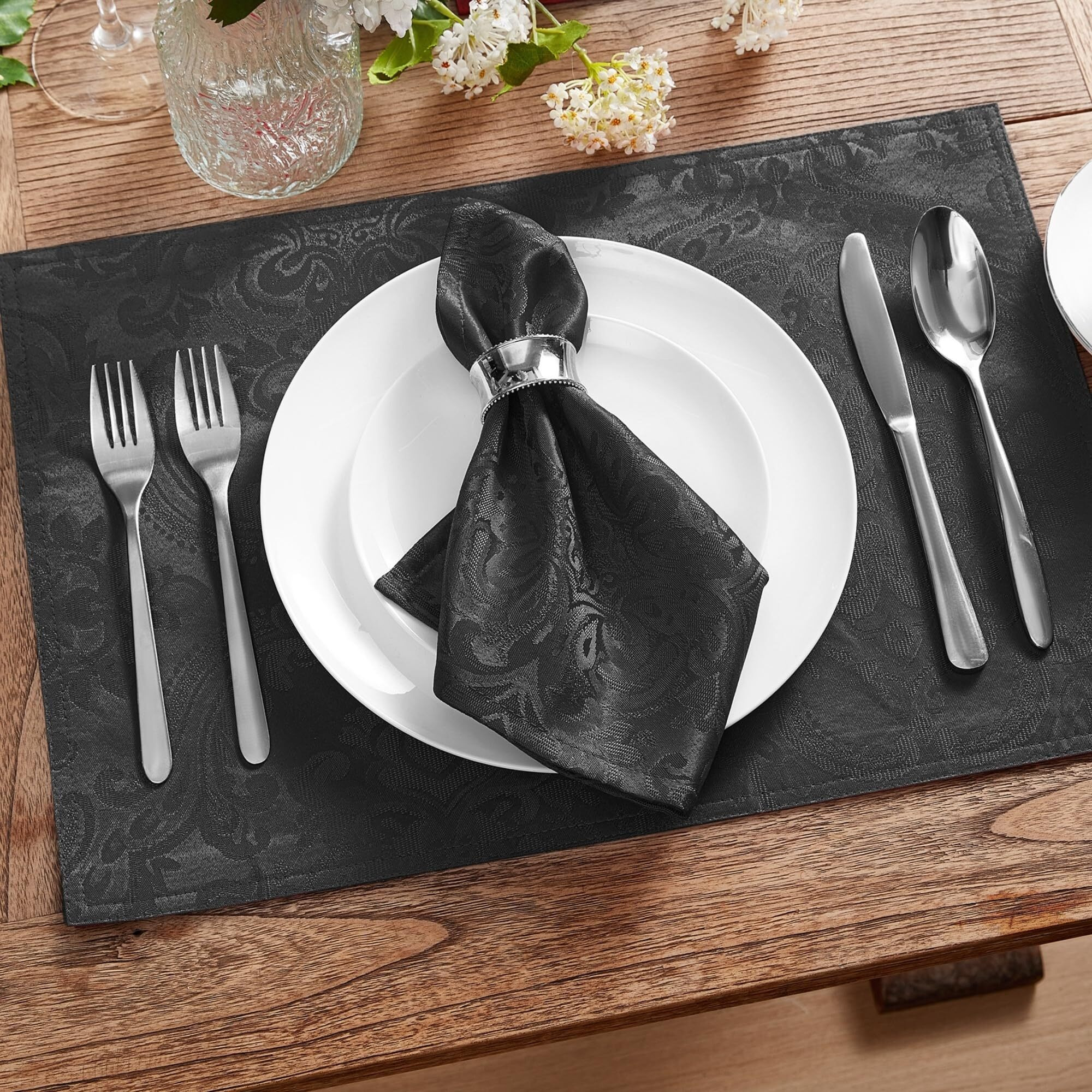 Elrene Home Fashions Caiden Elegance Damask Fabric Napkins (Set Of 4)  17"" X 17""  Black 4 Count