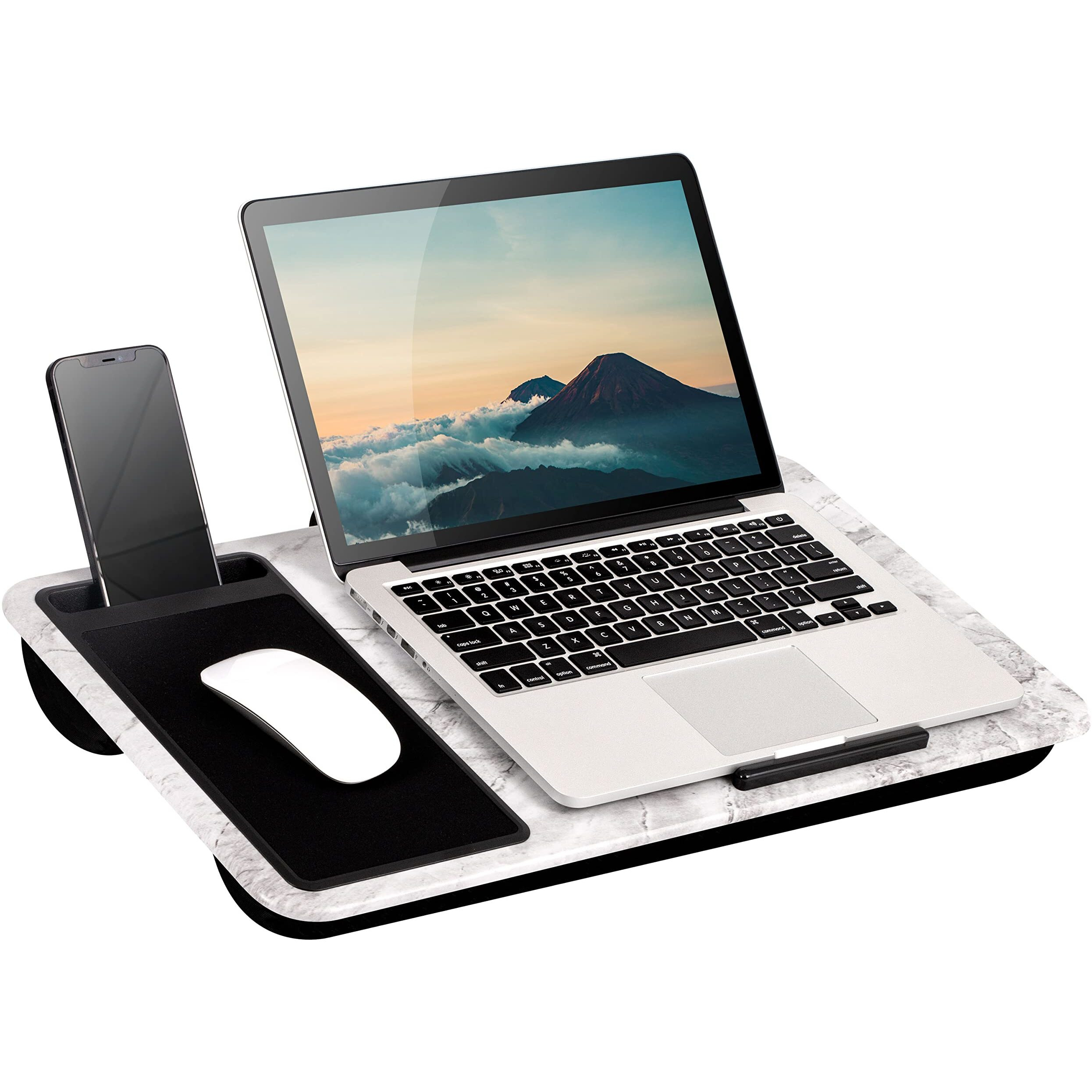 Lapgear Home Office Lap Desk - Left-Handed - With Mouse Pad  Device Ledge  And Phone Holder - White Marble - Fits Up To 15.6 Inch Laptops - Style No. 91411