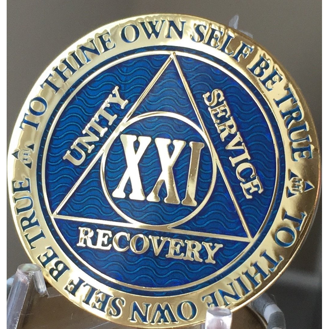 Recoverychip 21 Year Aa Medallion Dusty Blue Color Gold Plated Chip Xxi