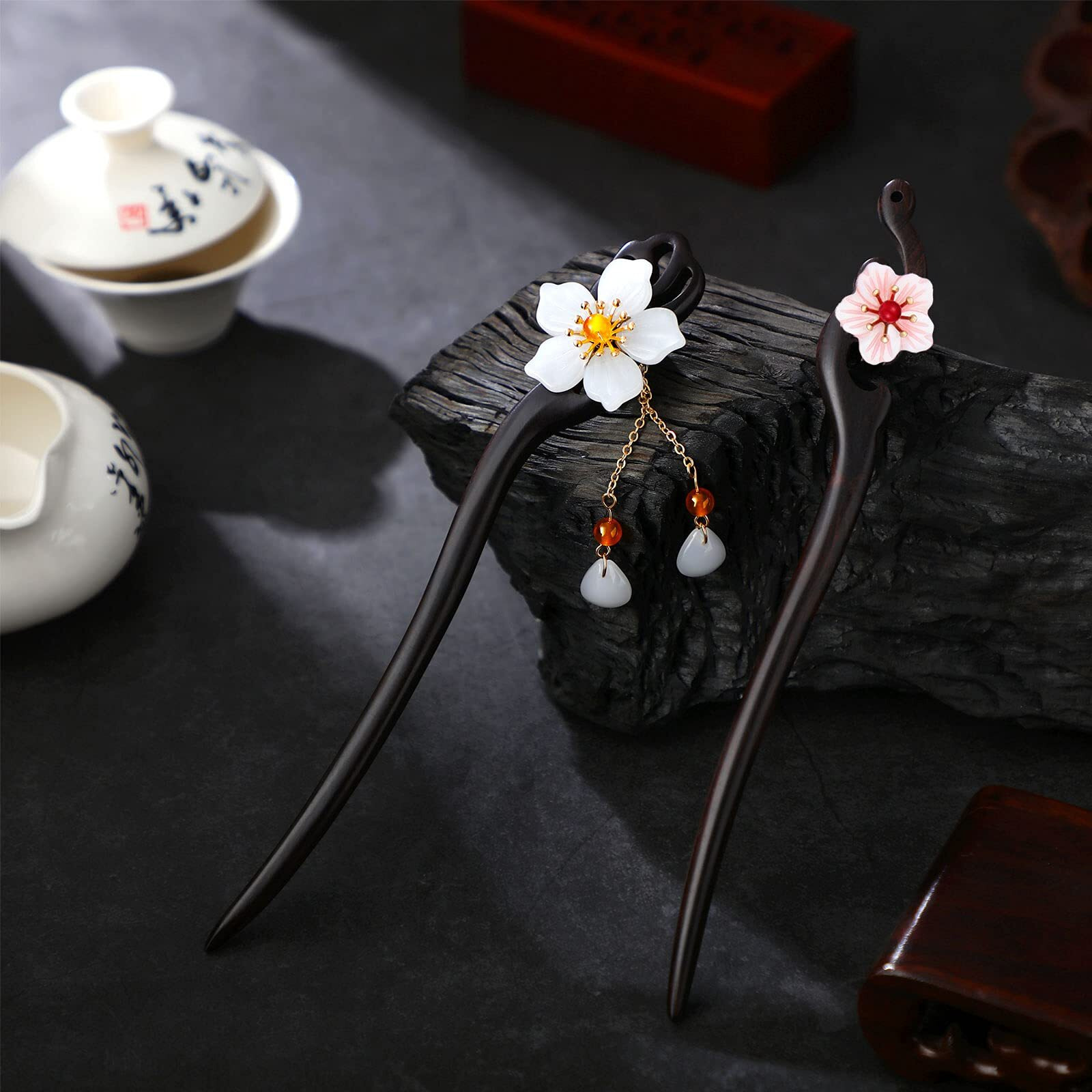 2 Pcs Chinese Hair Sticks Flower Retro Hair Stick Pin Wooden Hair Chopsticks With Tassel Handmade Hairpin For Women Girl  Hanfu Dressing Accessories