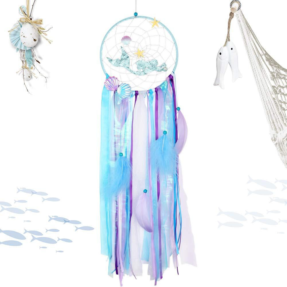 Ourwarm Mermaid Dream Catcher For Girls Room Wall Decor  Big Handmade Blue Dreamcatcher With Colorful Feathers For Kids Bedroom Hanging Decor  Under The Sea Mermaid Birthday Baby Shower Party Supplies