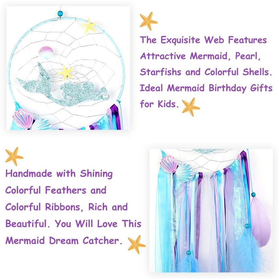 Ourwarm Mermaid Dream Catcher For Girls Room Wall Decor  Big Handmade Blue Dreamcatcher With Colorful Feathers For Kids Bedroom Hanging Decor  Under The Sea Mermaid Birthday Baby Shower Party Supplies