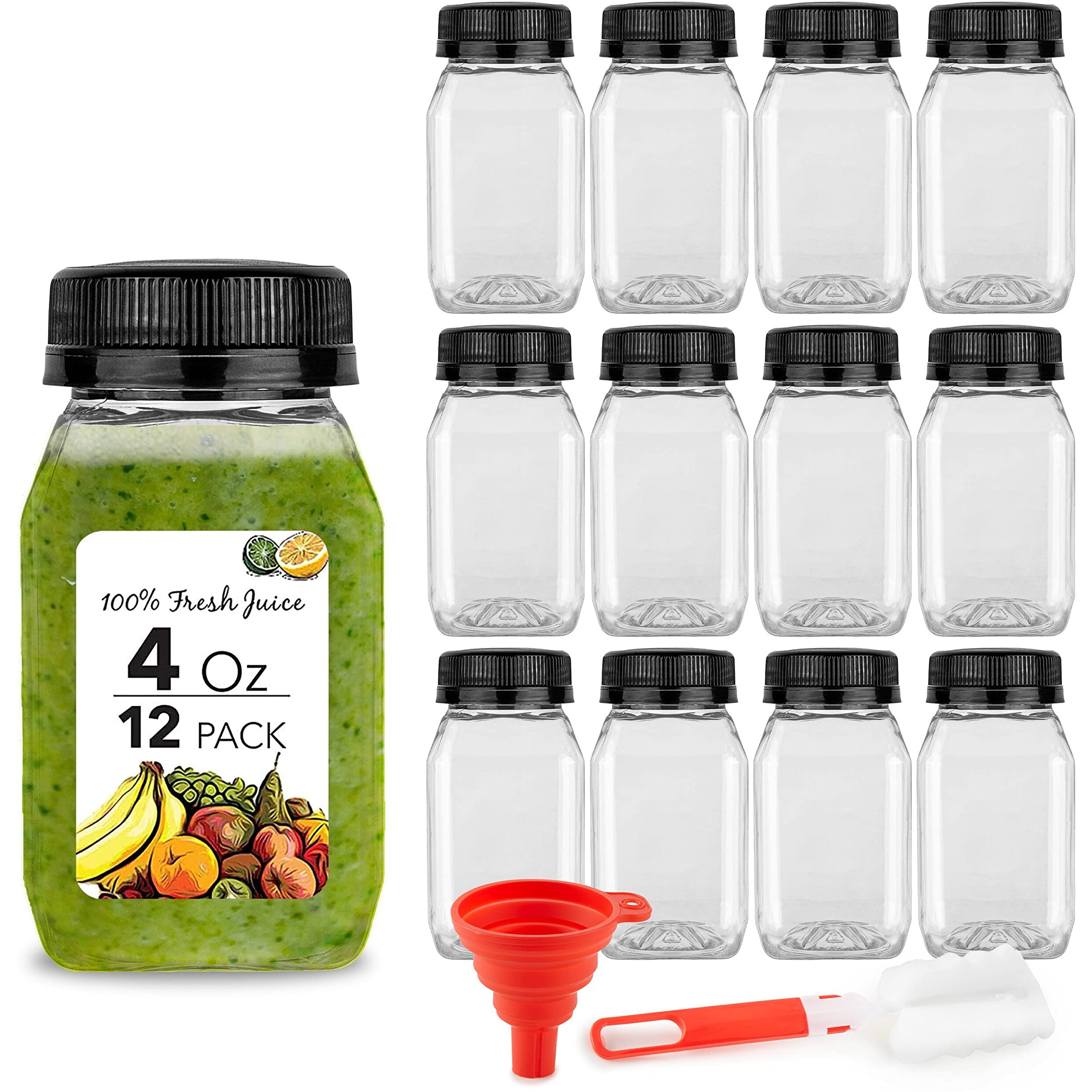 4 Ounce Mini Bottles For Mini Fridge  Reusable Juice Containers With Black Caps For Liquids In Kids Lunch Box  Clear Plastic With Lids (12 Pack)
