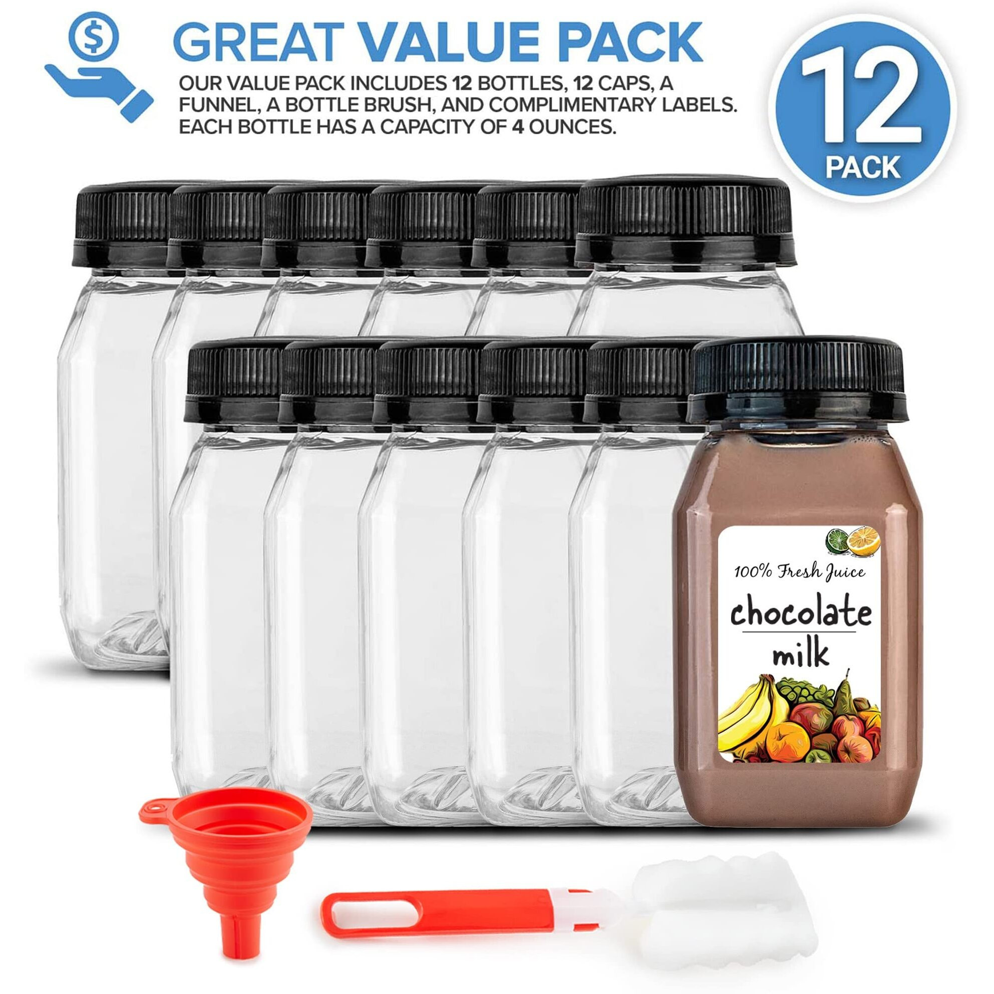 4 Ounce Mini Bottles For Mini Fridge  Reusable Juice Containers With Black Caps For Liquids In Kids Lunch Box  Clear Plastic With Lids (12 Pack)
