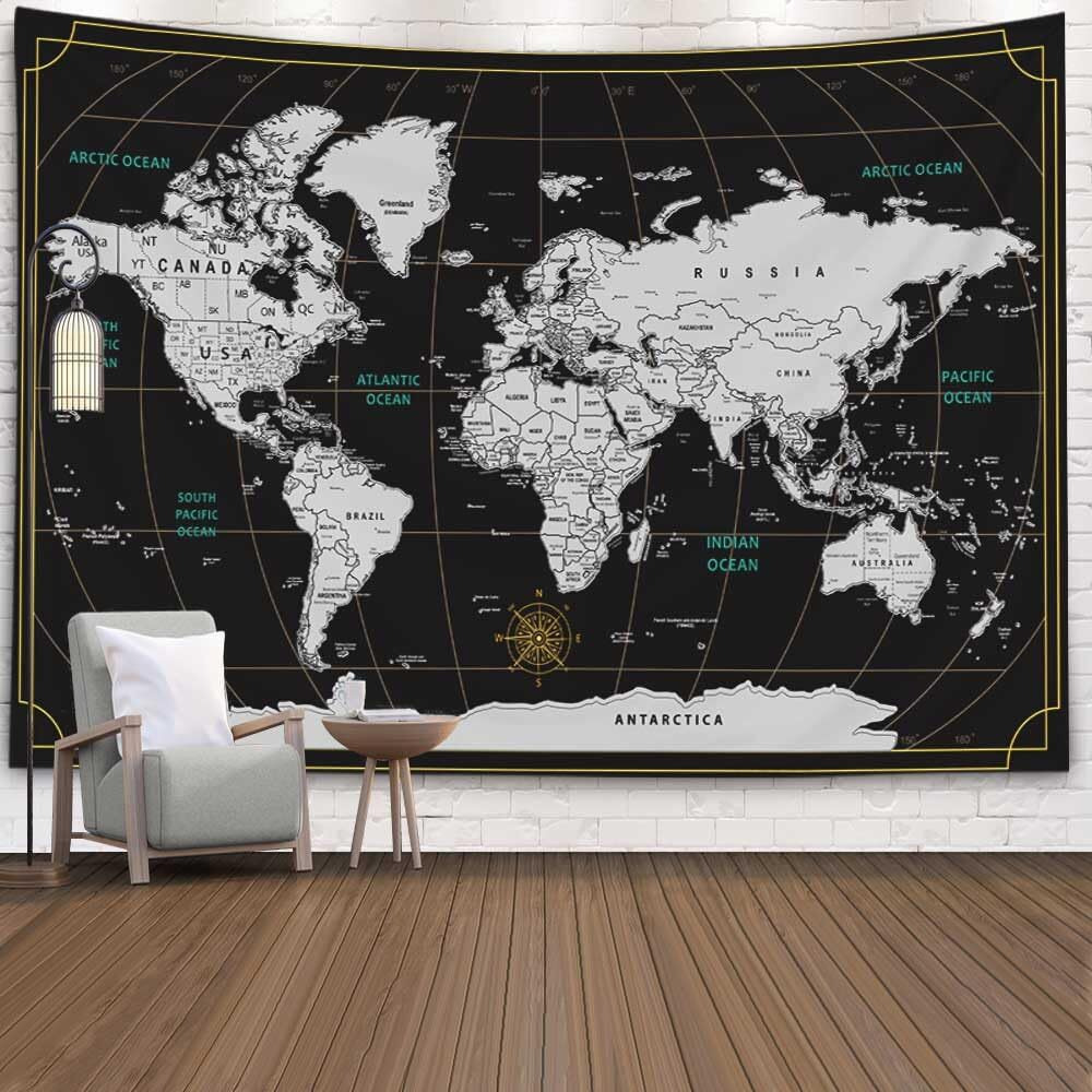 Capsceoll World Map Tapestry Wall Hanging Black White Tapestry Home DCor For Home 40X30 Inch Map For Kids Room Wall Art