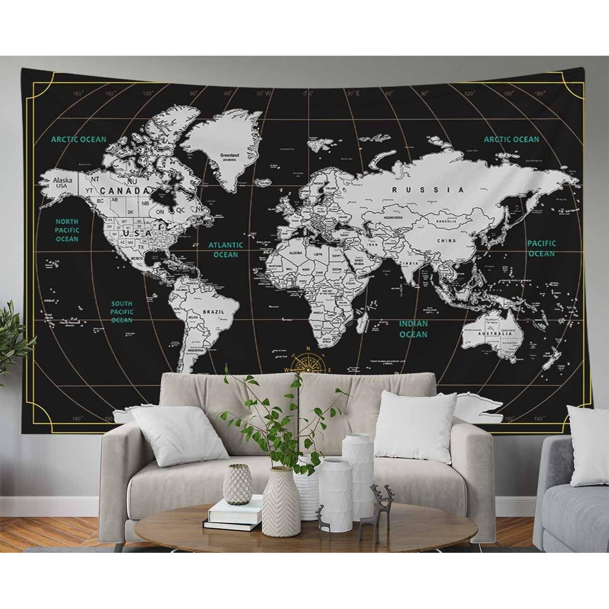 Capsceoll World Map Tapestry Wall Hanging Black White Tapestry Home DCor For Home 40X30 Inch Map For Kids Room Wall Art