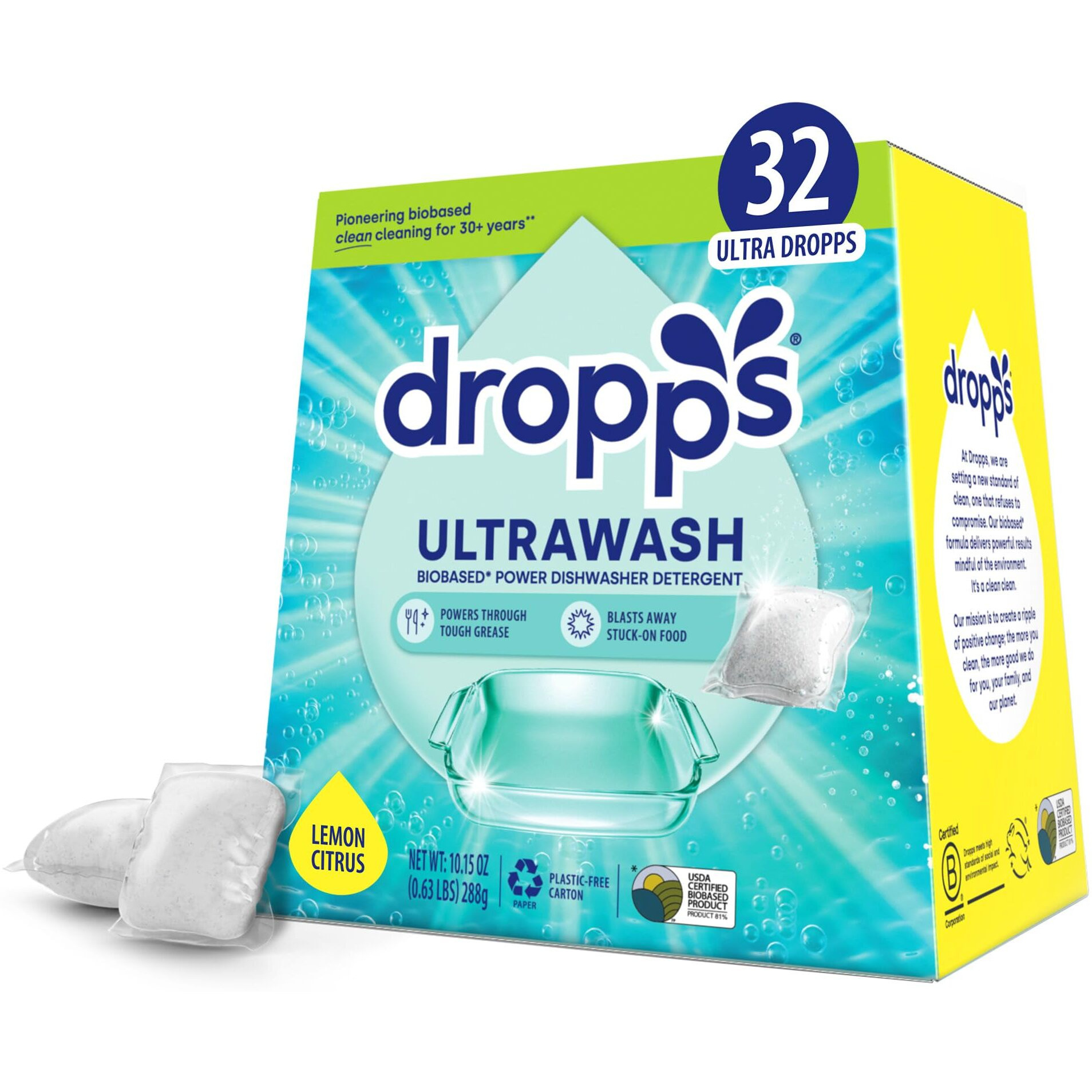 Dropps Ultrawash Dishwasher Pods  Lemon Citrus (32 Dish Tabs) - Biobased Power Deep Clean Dishwasher Detergent Tablets For Sparkling Shiny Dishes - No Rinse Aid Or Pre-Wash Needed - Dishwashing Pods
