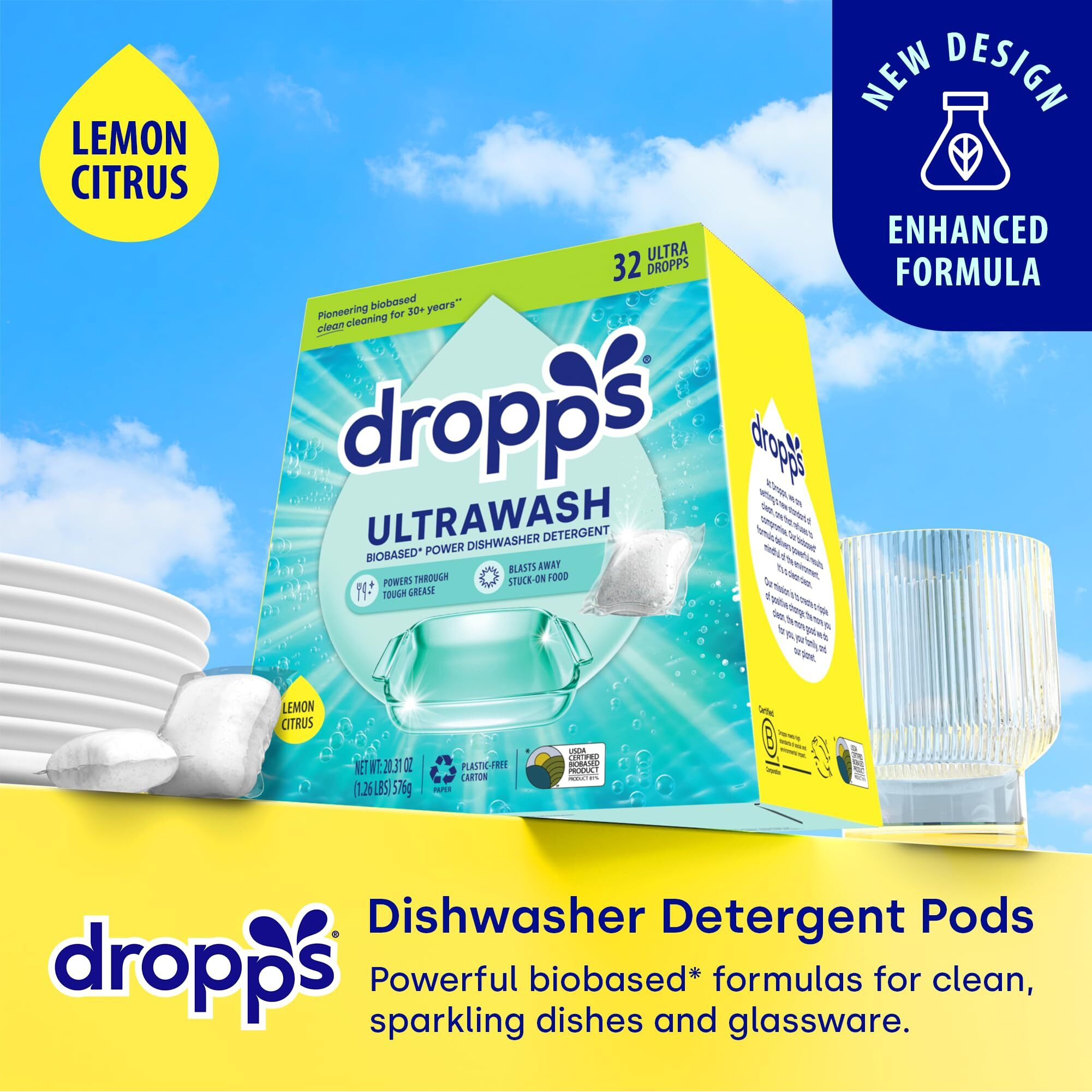 Dropps Ultrawash Dishwasher Pods  Lemon Citrus (32 Dish Tabs) - Biobased Power Deep Clean Dishwasher Detergent Tablets For Sparkling Shiny Dishes - No Rinse Aid Or Pre-Wash Needed - Dishwashing Pods