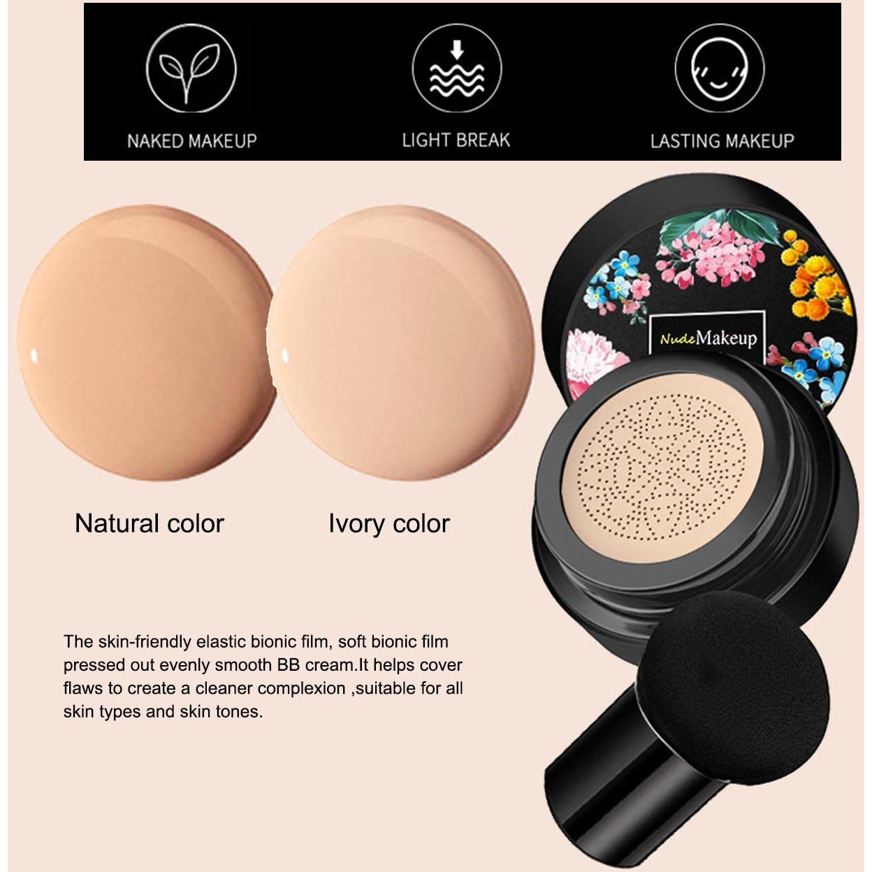 2 Pack Mushroom Head Air Cushion Cc Cream Bb Cream  Concealer Lasting Nude Makeup Moisturizing Brightening Pigment Cc Liquid Foundation Ivory