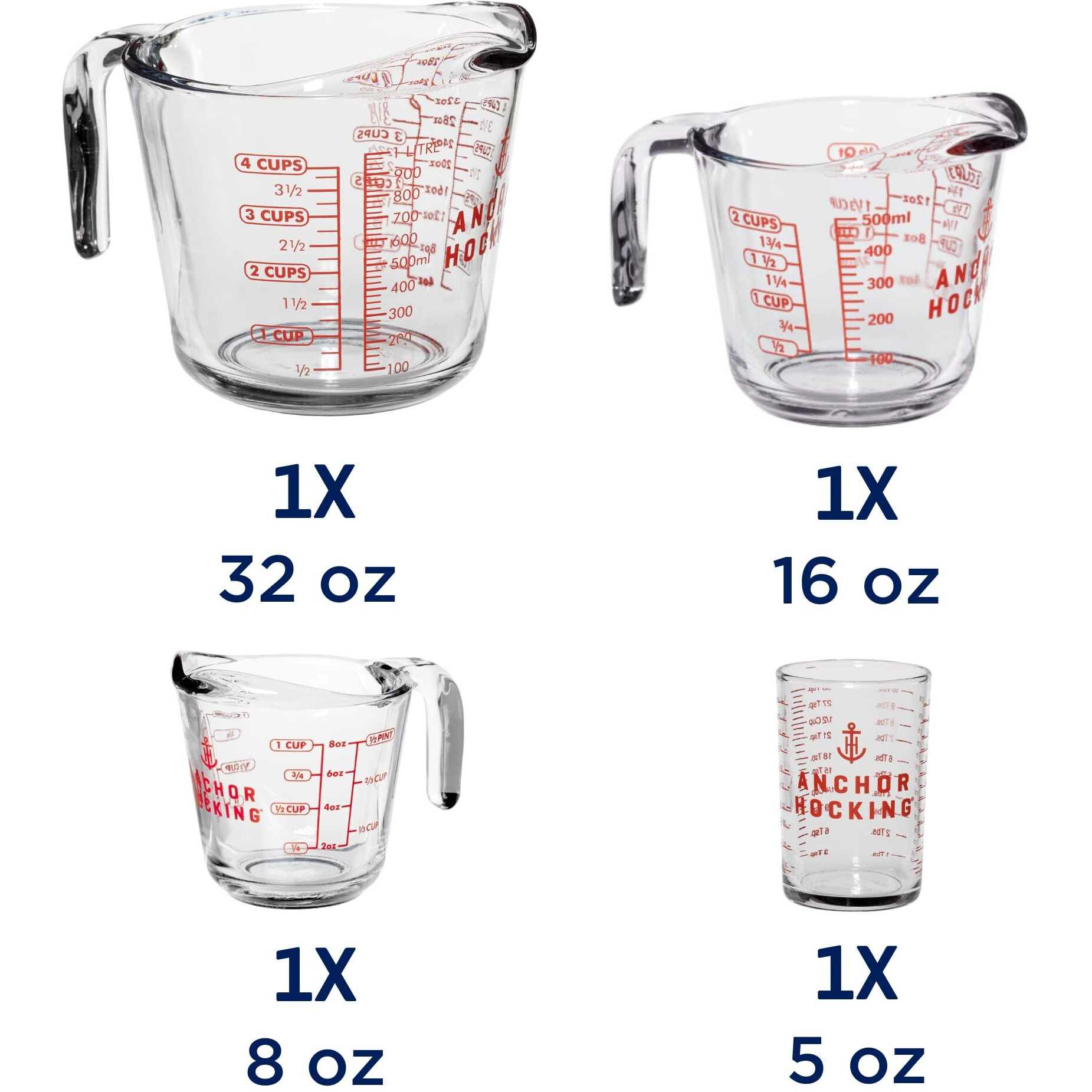 Anchor Hocking Glass Measuring Cups  4 Piece Set (5 Ounce  1 Cup  2 Cup  4 Cup Liquid Measuring Cups)