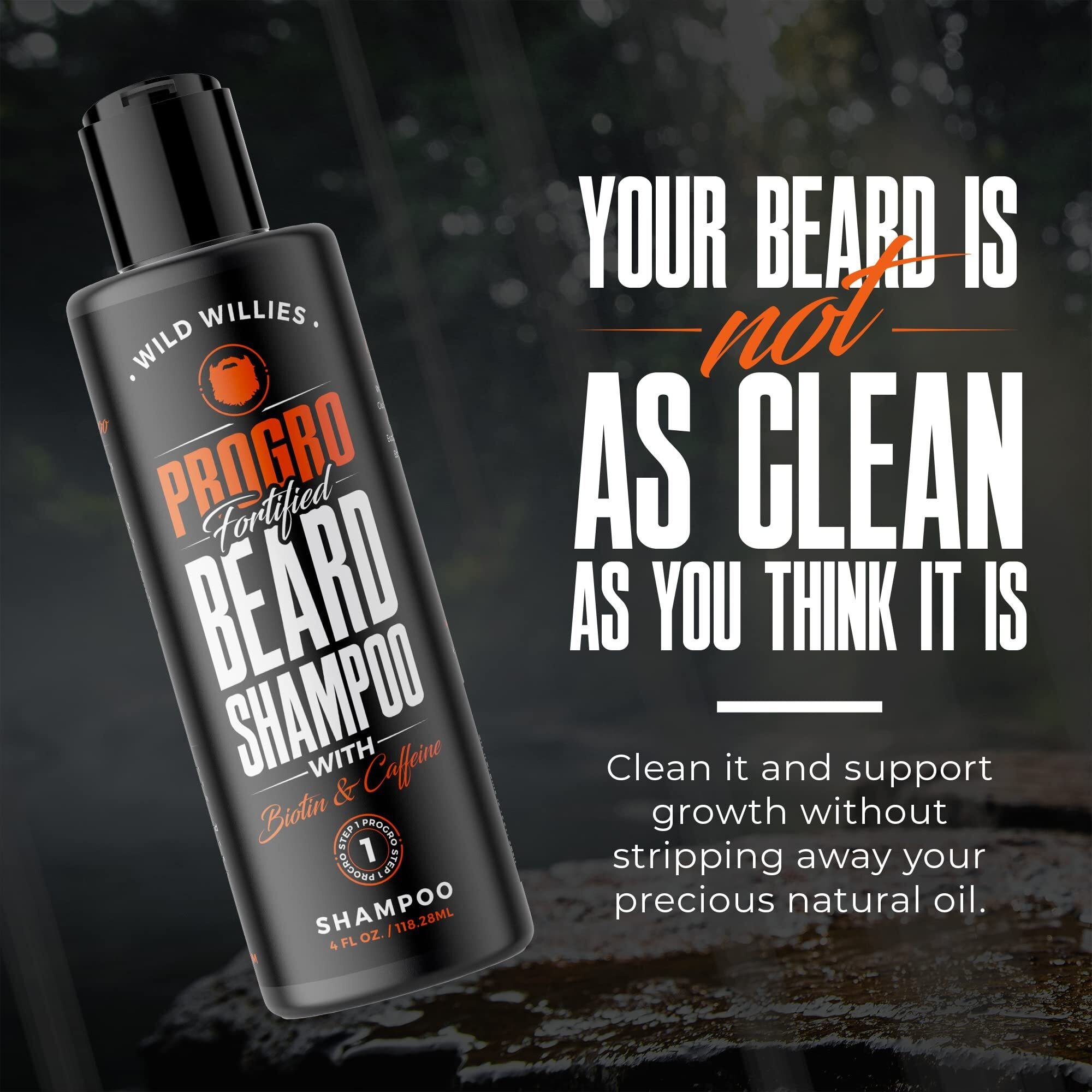 Wild Willies Progro Beard Growth & Revitalizing Shampoo With Biotin & Caffeine For Facial Hair Growth  Hydration & Softener  Beard Wash For Men  4Oz