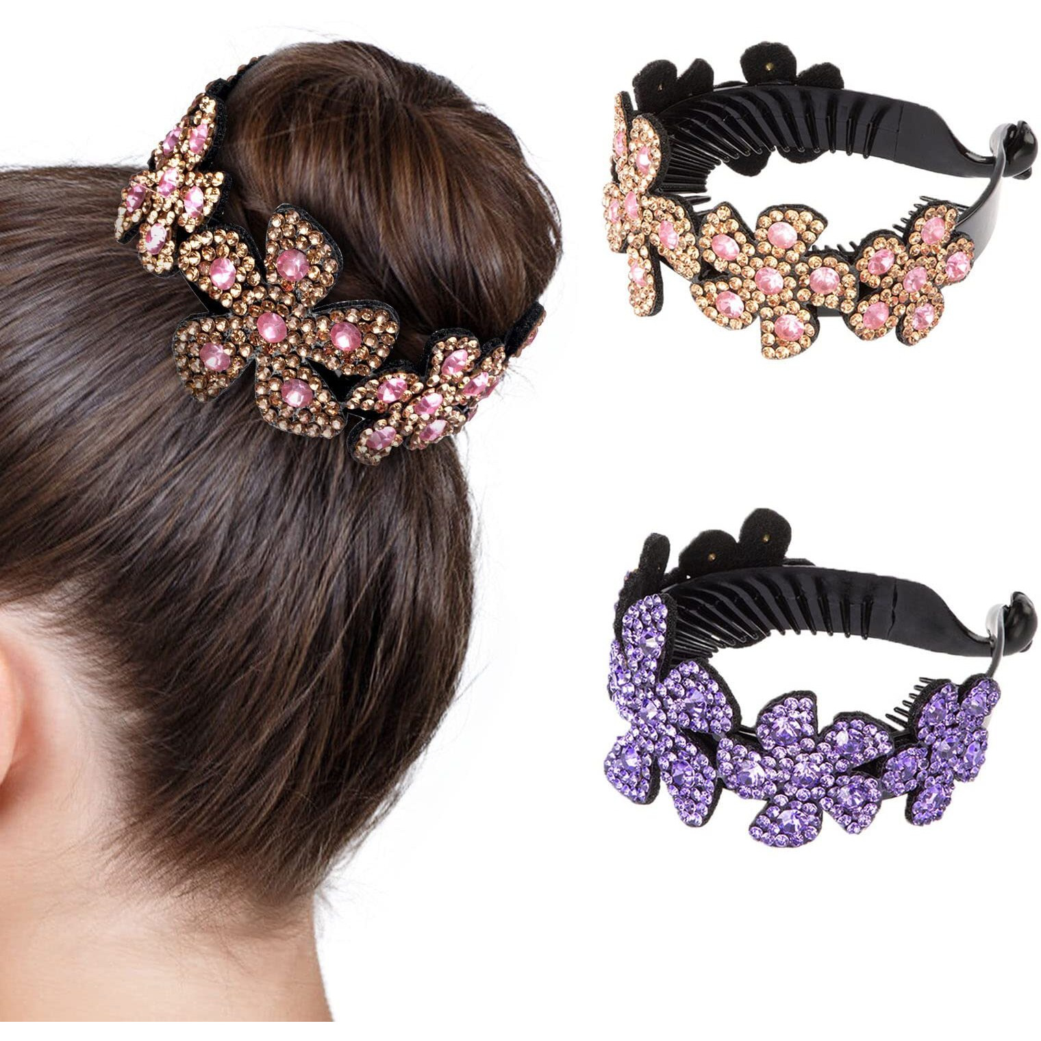 Iskybob 2 Pieces Rhinestone Flower Ponytail Holder Twist Bun Shaper Women Hair Grips Claw  Pink+ Violet
