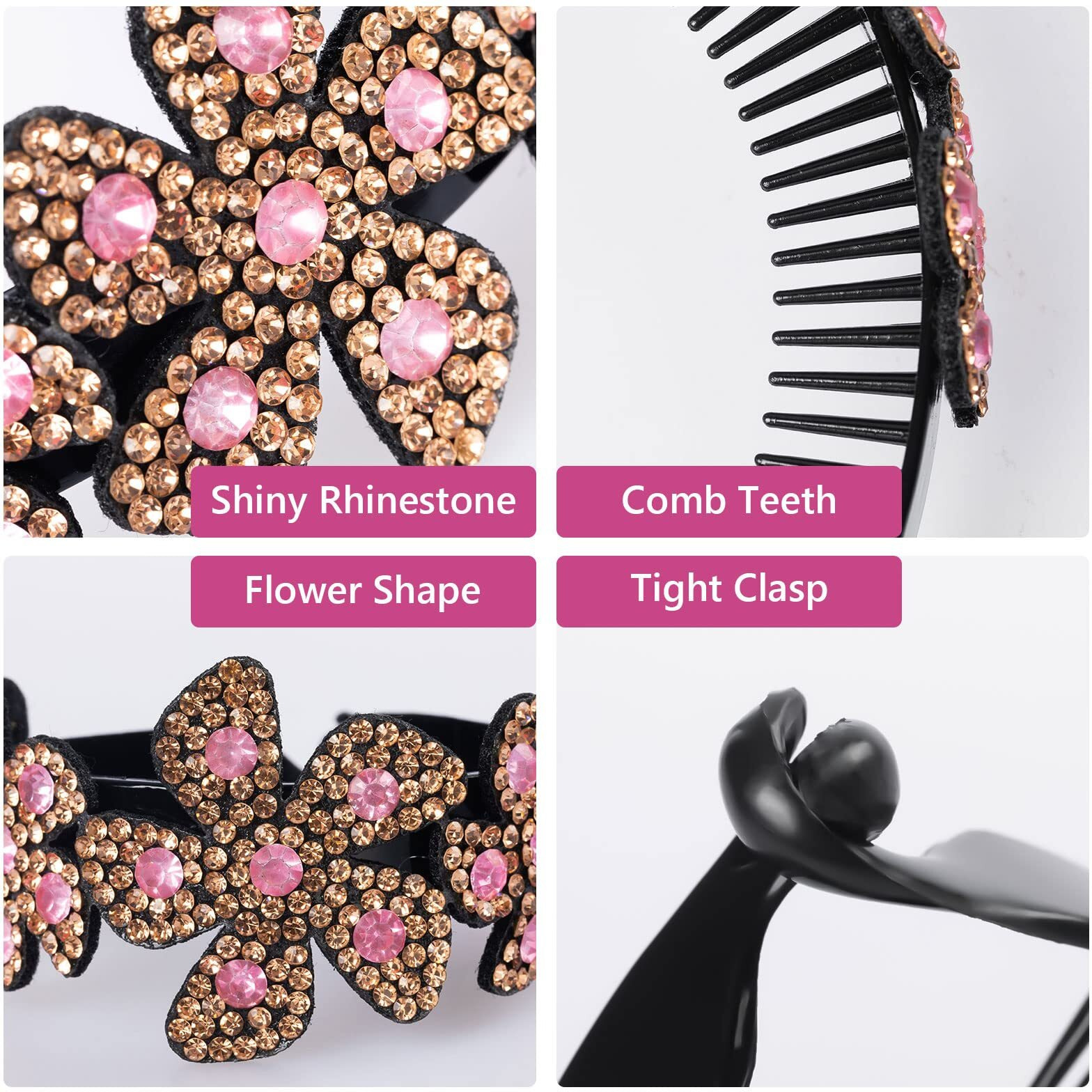 Iskybob 2 Pieces Rhinestone Flower Ponytail Holder Twist Bun Shaper Women Hair Grips Claw  Pink+ Violet