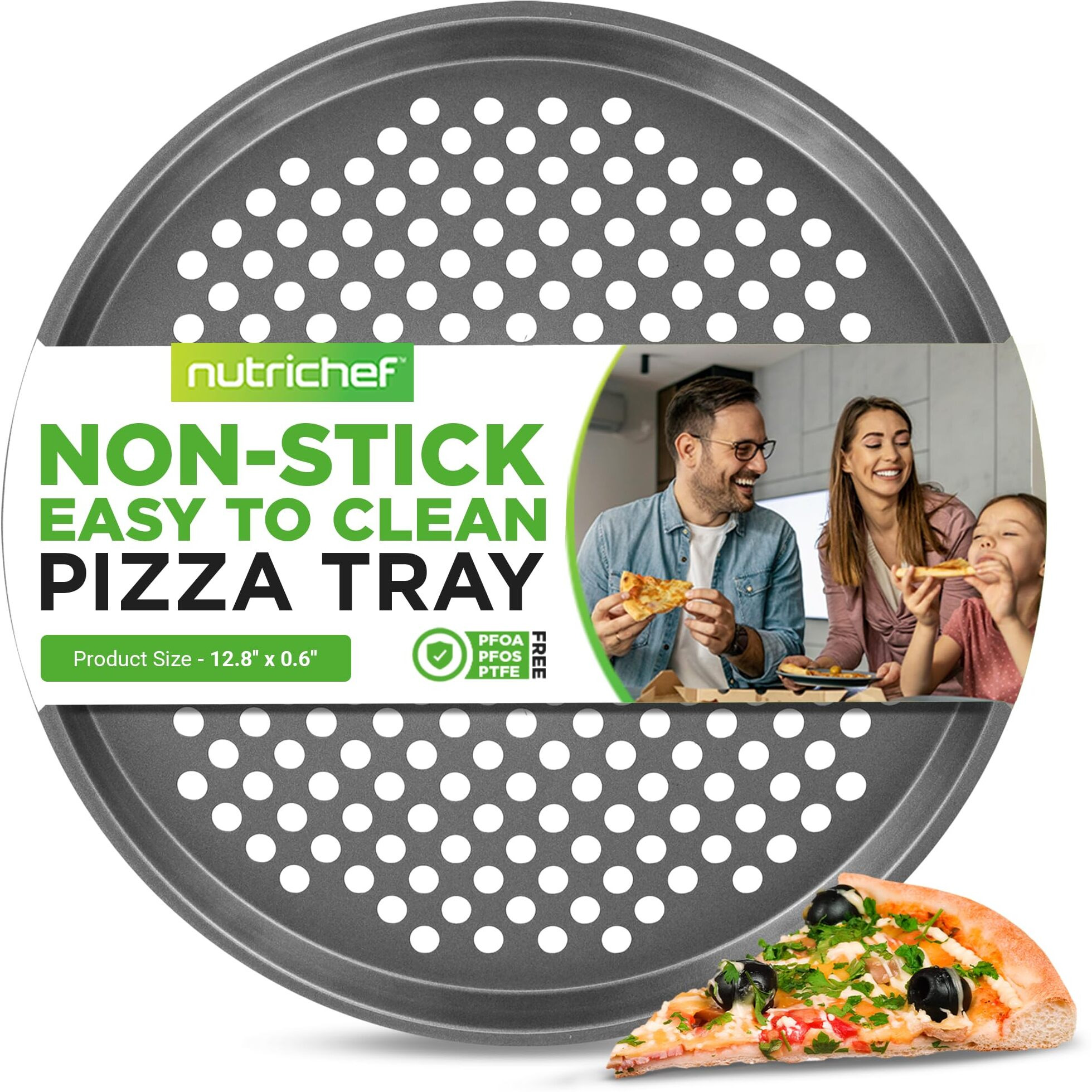 Nutrichef 12.8 Inch Nonstick Pizza Pan For Oven - Carbon Steel Pizza Baking Tray With Airflow Holes - Premium Bakeware For Fresh & Frozen Pizza  Dishwasher Safe - Gray