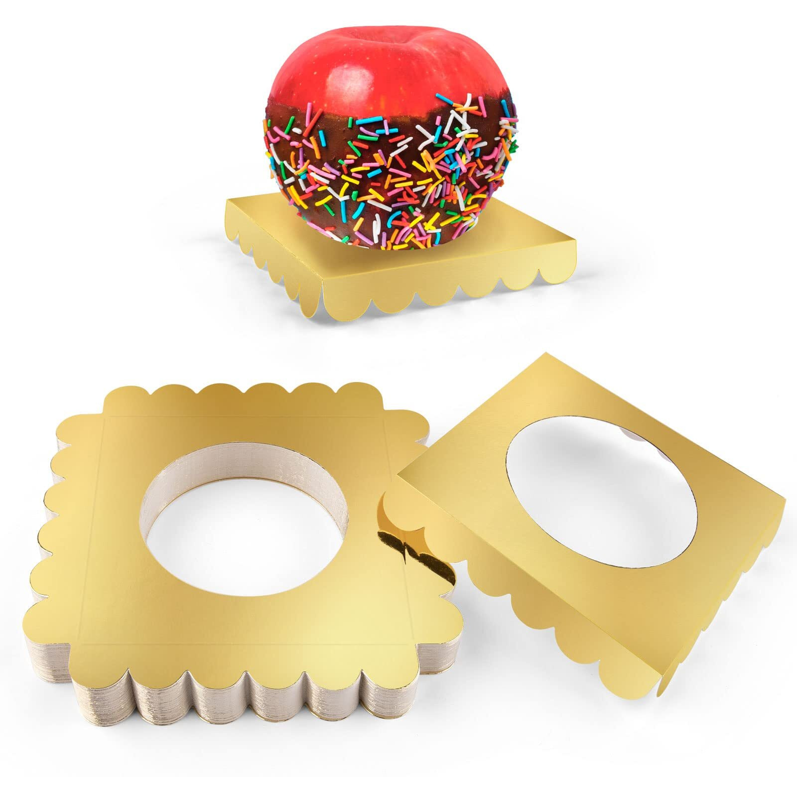 50 Pcs Candy Apple Box Base Golden Cardboard Taffy Apple Inserts  Square Caramel Apple Wraps Tray  Clearly Diy Candy Apple Holder  Cake Pop Chocolate Circle Tray For Wedding Party Festival