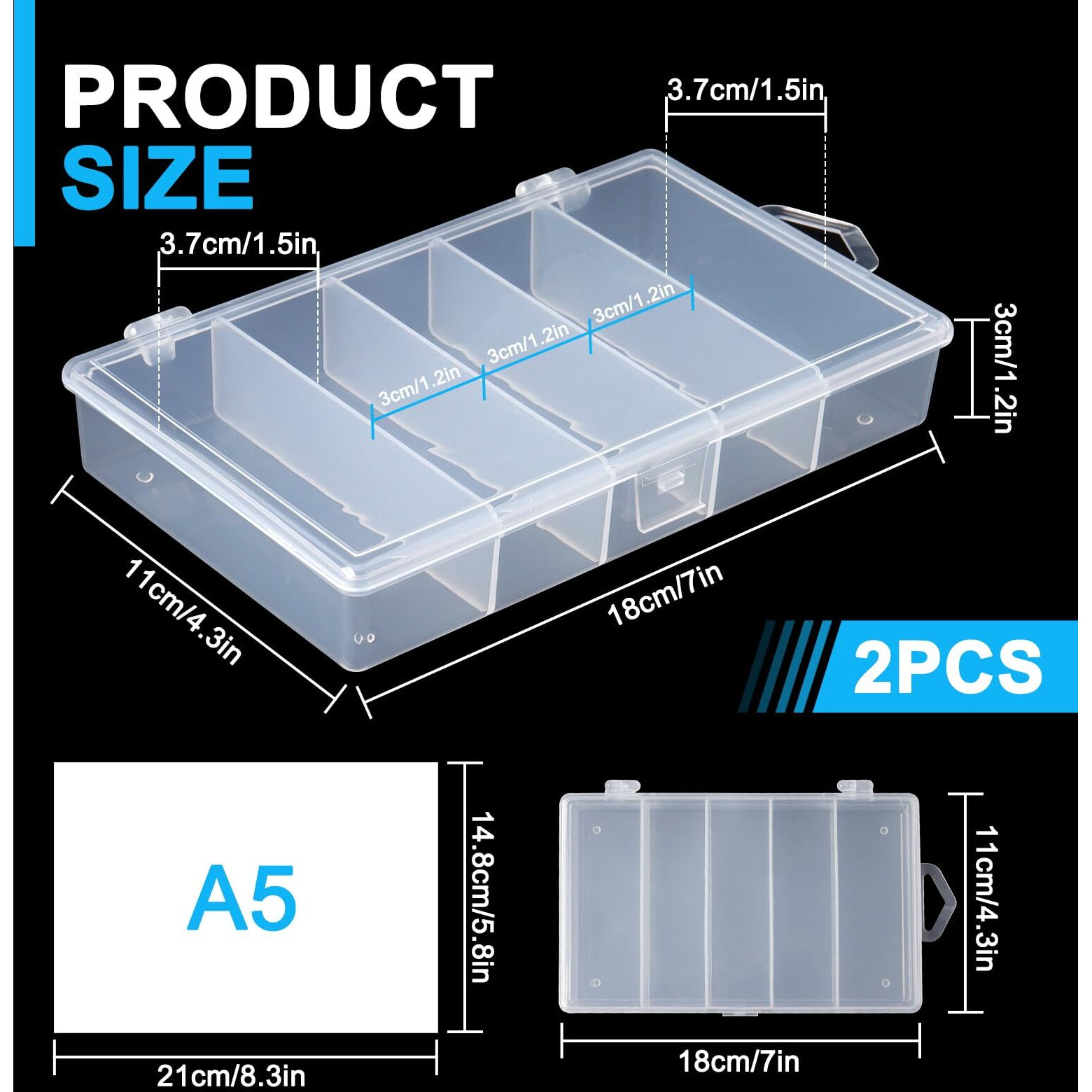 Sbyure 2 Pack 5 Grid Clear Plastic Fishing Tackle Storage Box Jewelry Making Findings Organizer Box Container Case Utility Box 7X4.3X1.2Inch