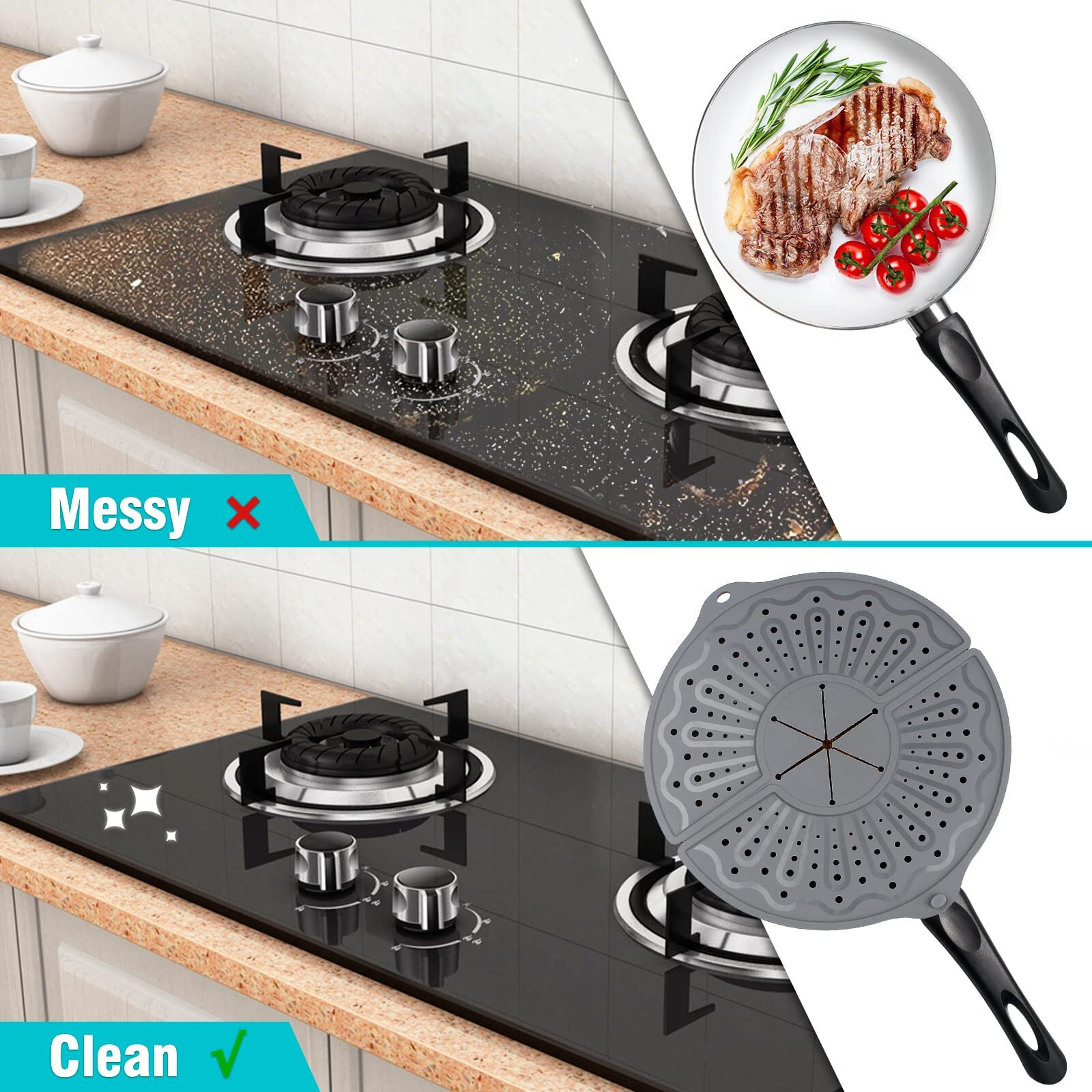 Silicone Splatter Screen For 10  11 And 12 Inch Frying Pan  Foldable Splash Guard  Multi-Use Grease Splatter Guard/Trivet Mat  12"" Non-Stick Oil Splatter Guard  Dishwasher Safe  Bpa Free  Gray