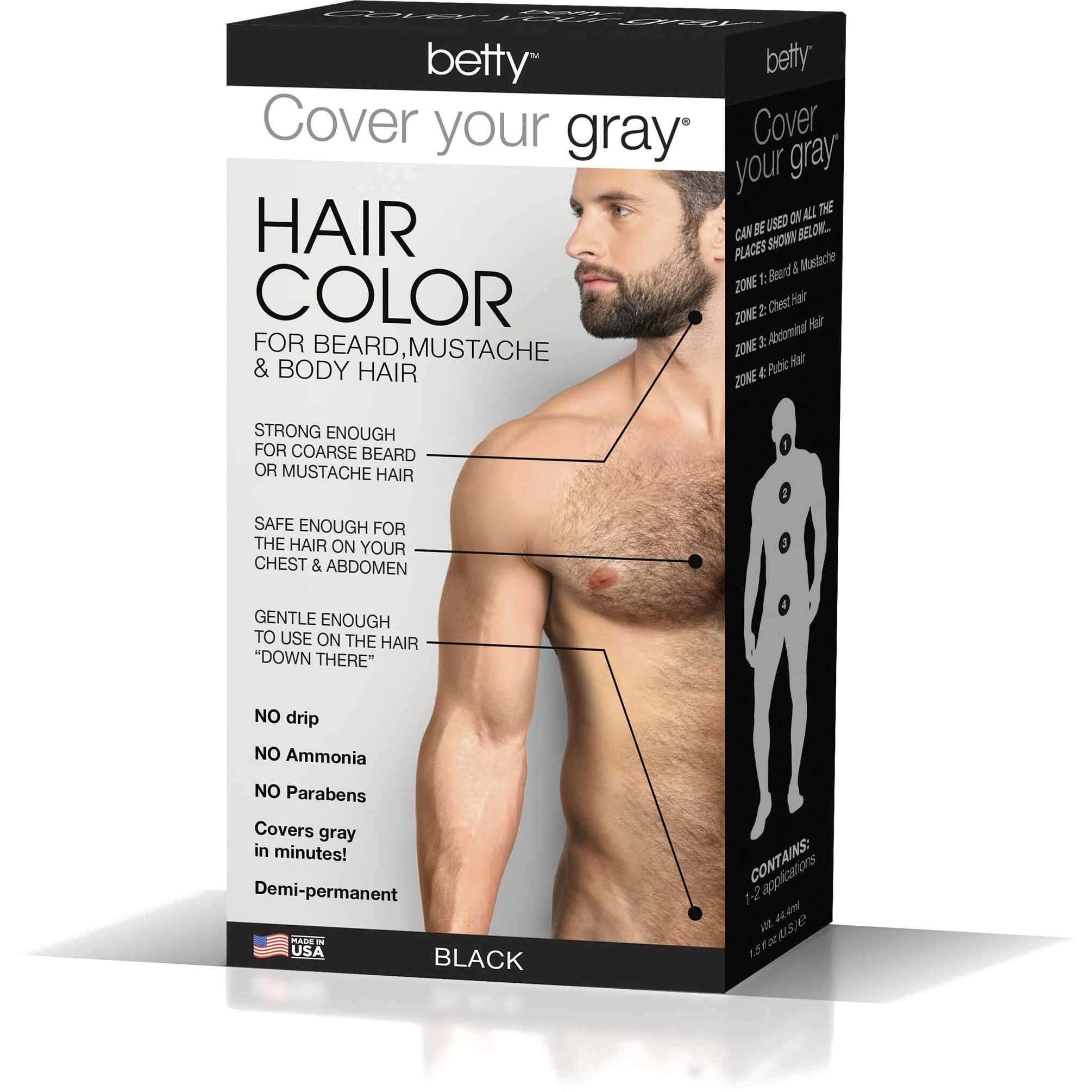 Betty Cover Your Gray Mens Hair Color For Beard  Mustache & Body Hair - Black