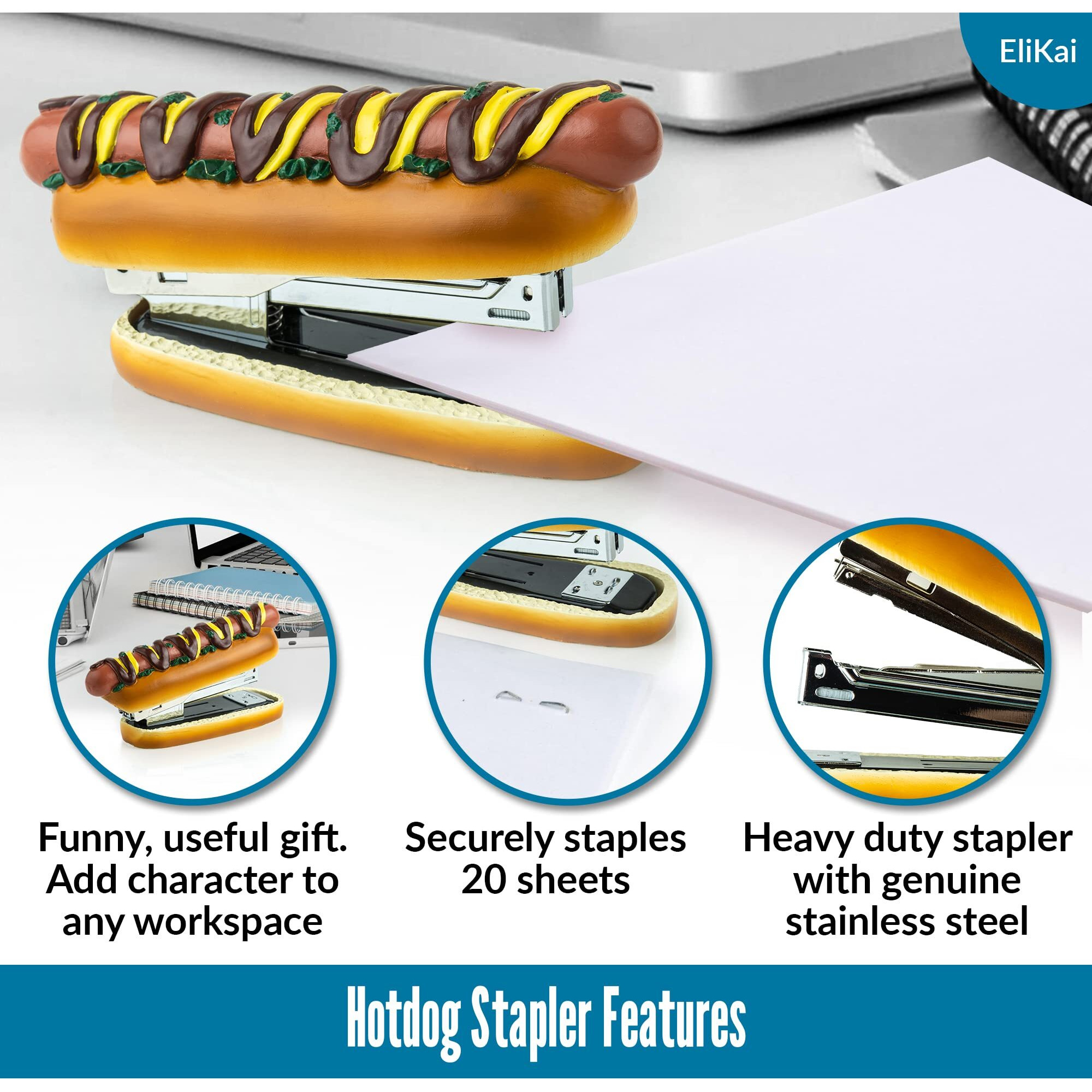 Elikai Hot Dog Stapler With 1000 Staples  Funny Stapler For Desk  Cute & Novelty Stapler  Novelty Gifts  Funny Desk Accessories & Supplies For Work  Cool Stuff For Office Desk  Office Gags