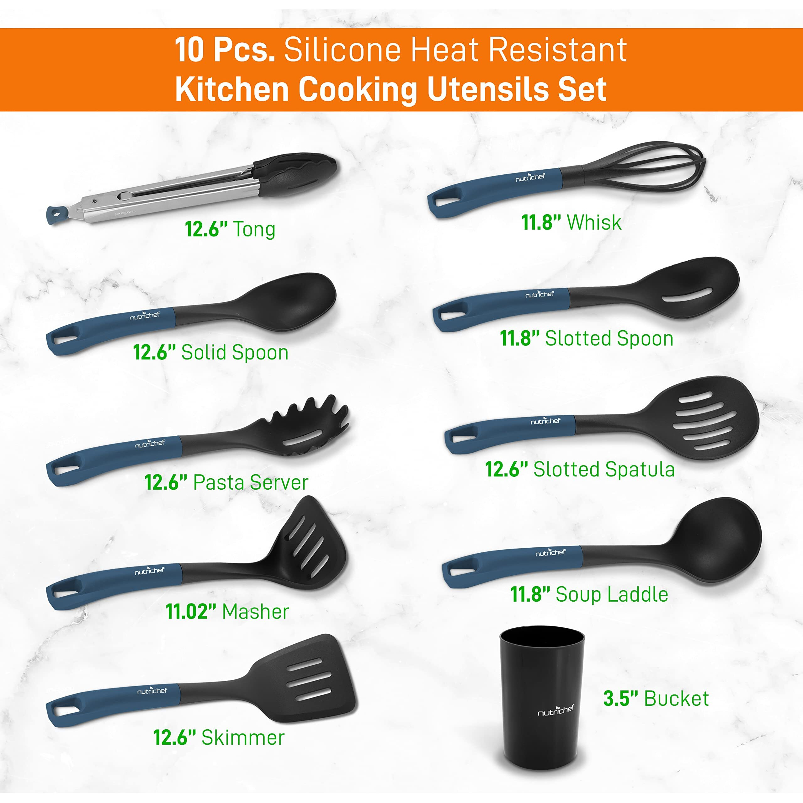 Nutrichef 10-Piece Non-Stick Heat Resistant Silicone Kitchen Gadgets Cookware Tools  Cooking Utensils Set With Holder  Pots & Pans Accessories Ncutl10Ds (Blue/Black)  1