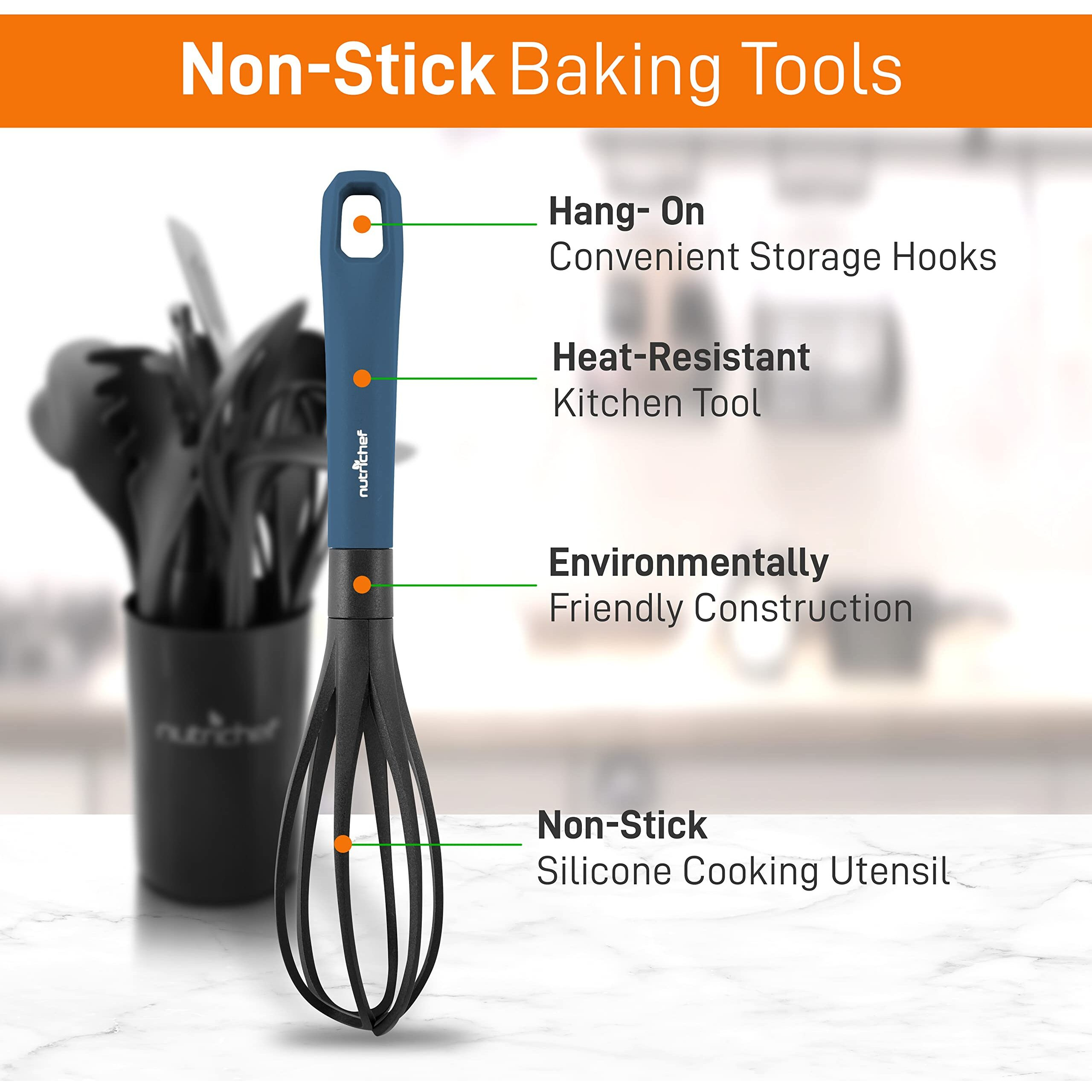 Nutrichef 10-Piece Non-Stick Heat Resistant Silicone Kitchen Gadgets Cookware Tools  Cooking Utensils Set With Holder  Pots & Pans Accessories Ncutl10Ds (Blue/Black)  1