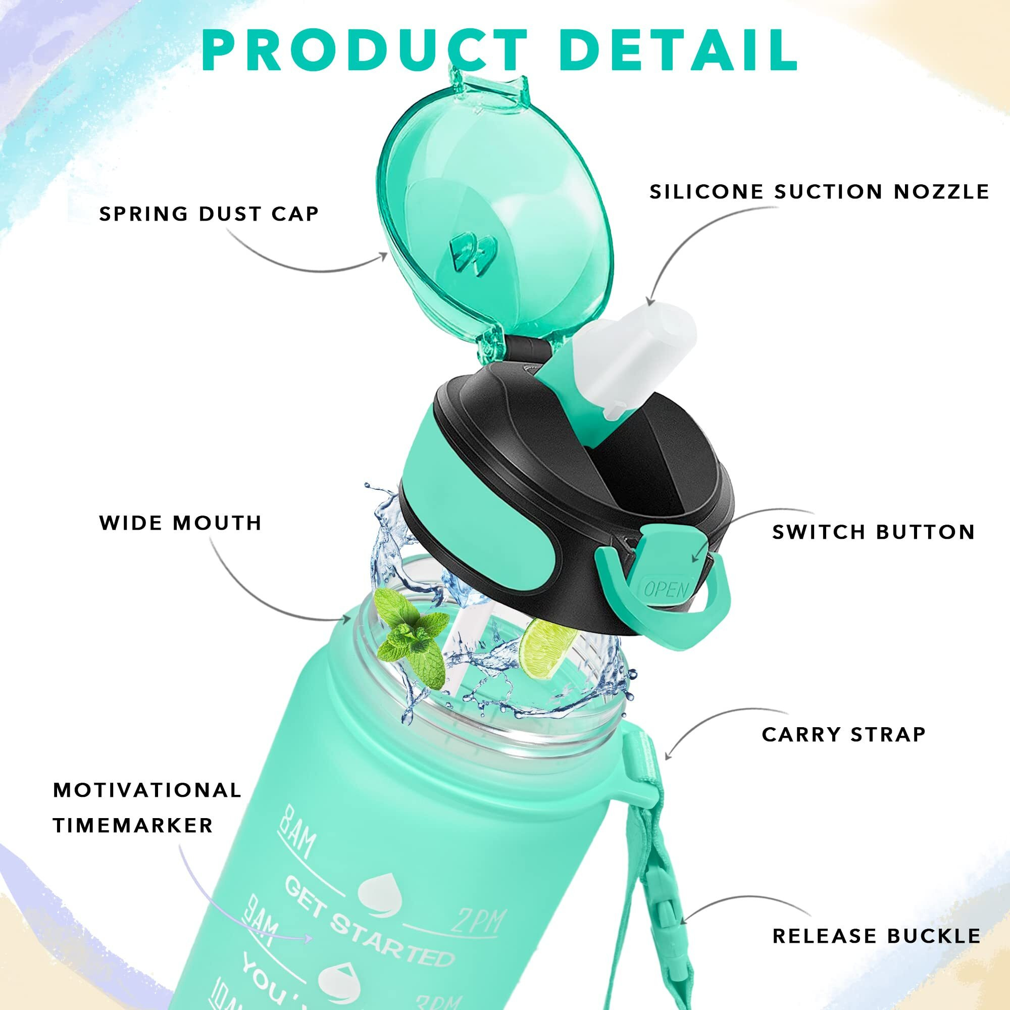Enerbone 32 Oz Water Bottle With Times To Drink And Straw  Motivational Drinking Water Bottles With Carrying Strap  Leakproof Bpa & Toxic Free  Ensure You Drink Enough Water For Fitness Gym Outdoor
