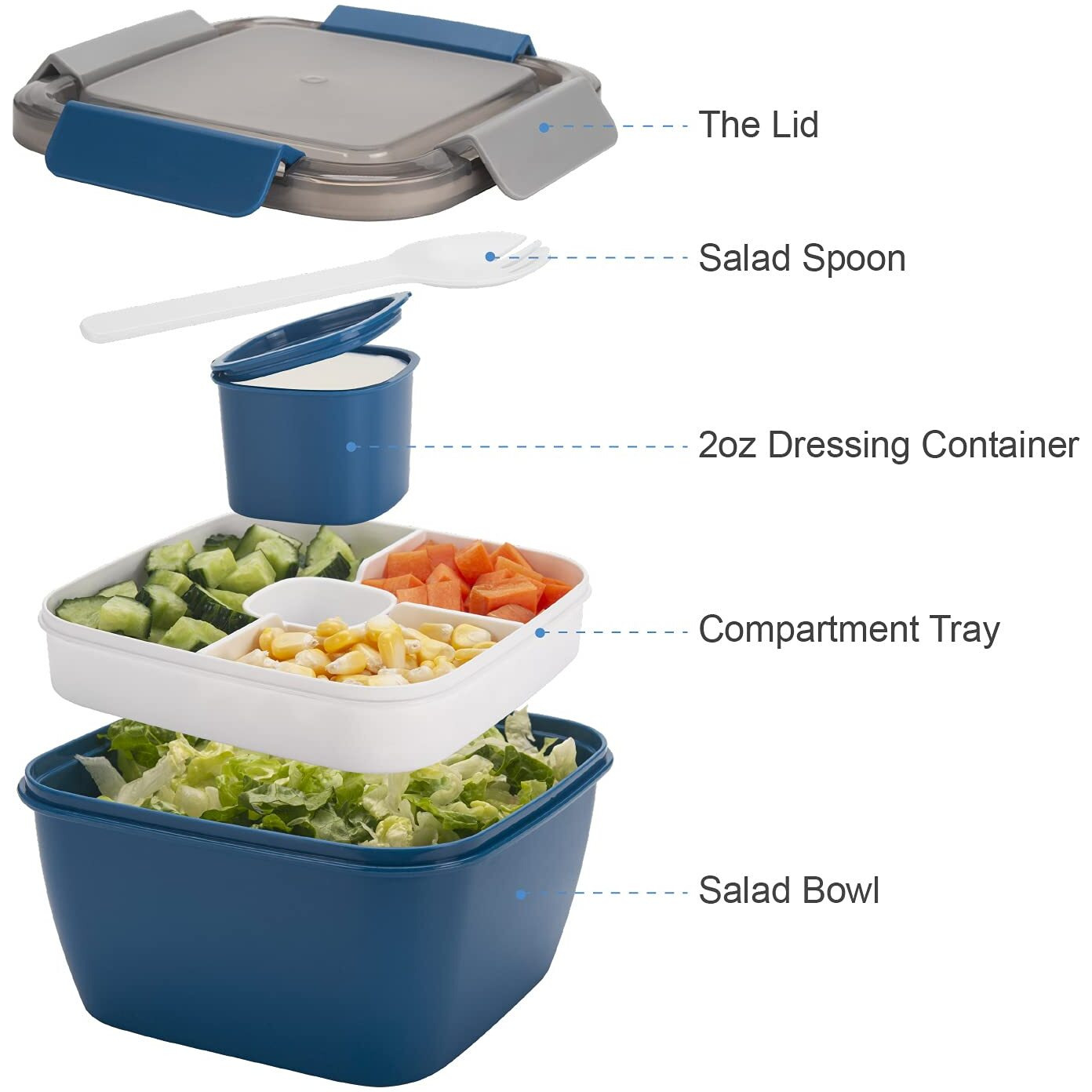 Freshmage Salad Lunch Container To Go  52-Oz Salad Bowls With 3 Compartments  Salad Dressings Container For Salad Toppings  Snacks  Men  Women (Blue)