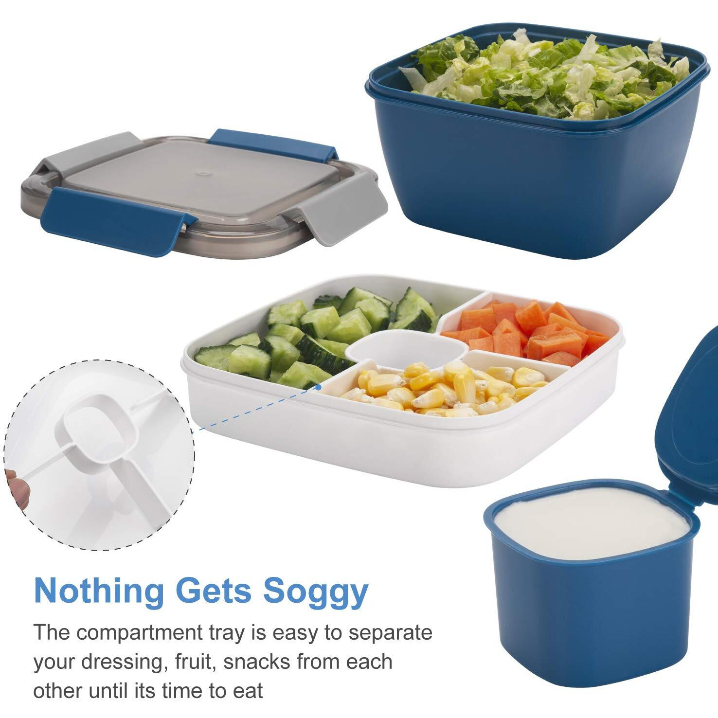 Freshmage Salad Lunch Container To Go  52-Oz Salad Bowls With 3 Compartments  Salad Dressings Container For Salad Toppings  Snacks  Men  Women (Blue)