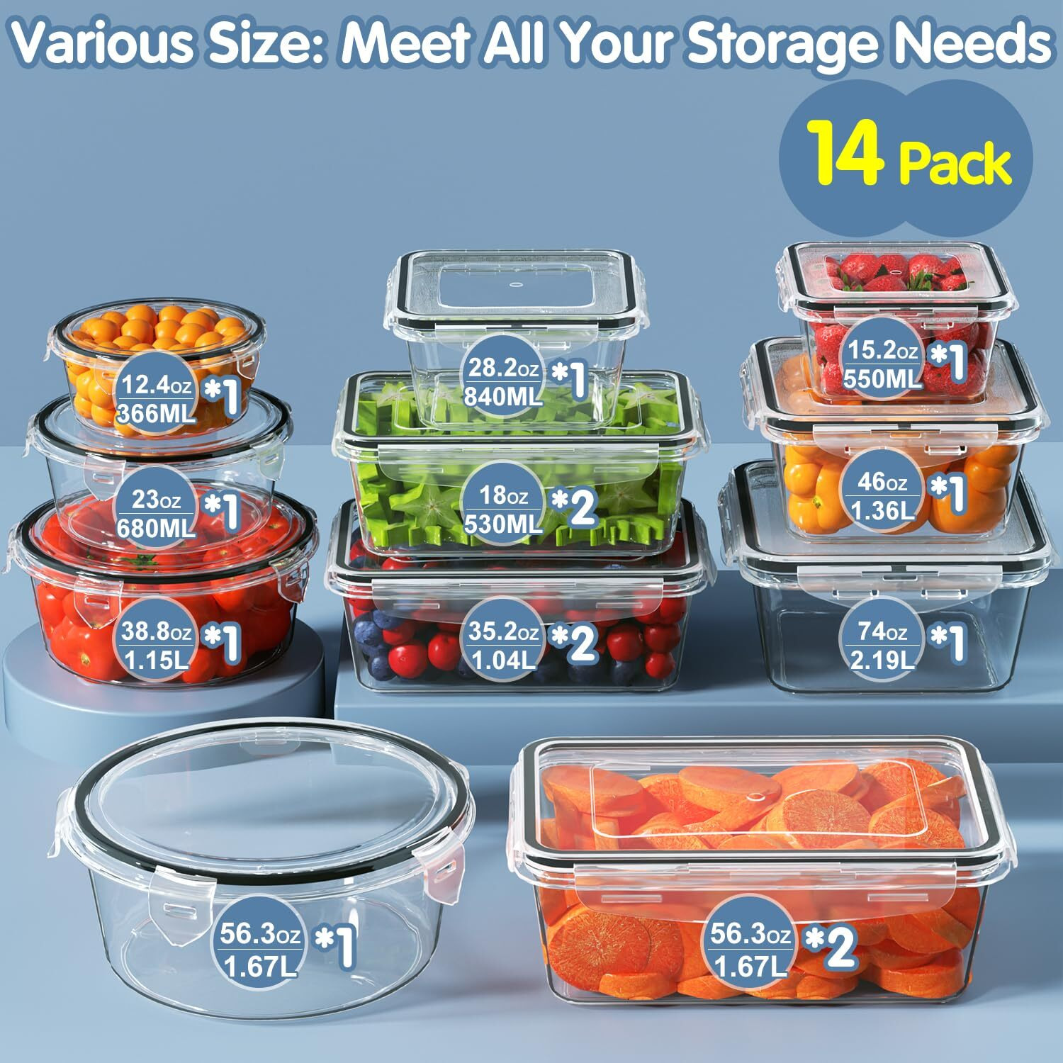 28 Pieces Food Storage Containers With Lids Extra Large Freezer Containers For Food Bpa-Free Meat Fruit Vegetables Plastic Containers With Lids Storage Airtight Leak-Proof Food Containers For Kitchen