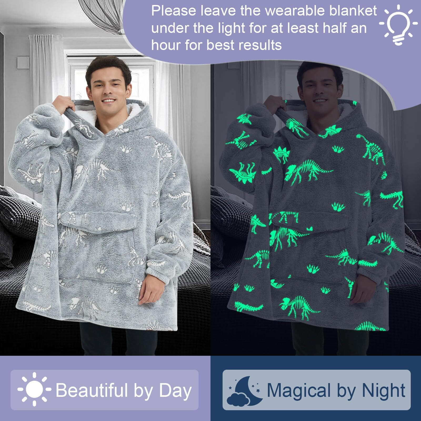 Fiosnow Glow In The Dark Dinosaur Fossil Blanket Hoodies For Women And Men Adult Oversize Wearable Blanket Hoodies For Soft And Warm
